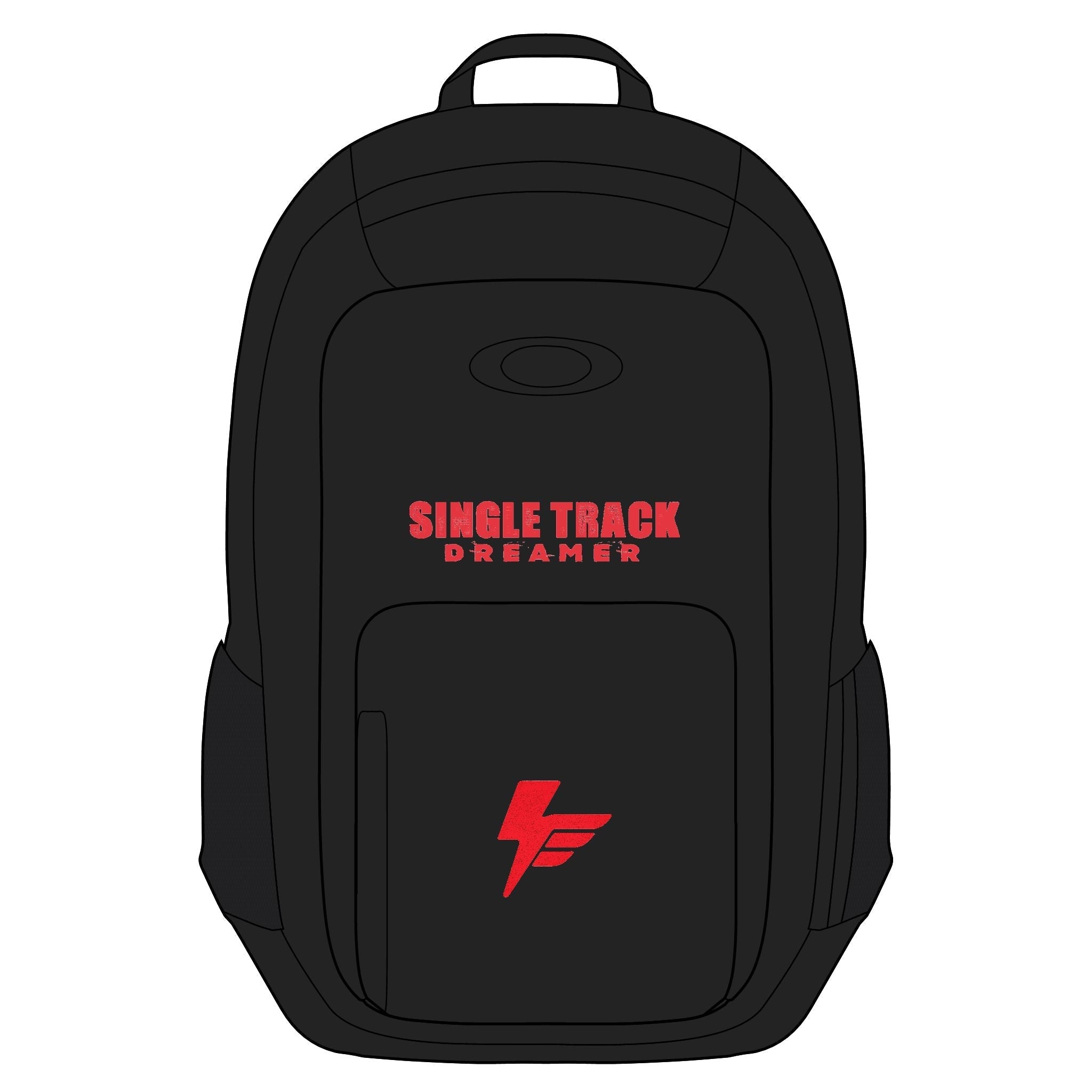 Black MTB cycling backpack with redSingle Track Dreamer" text and logo.