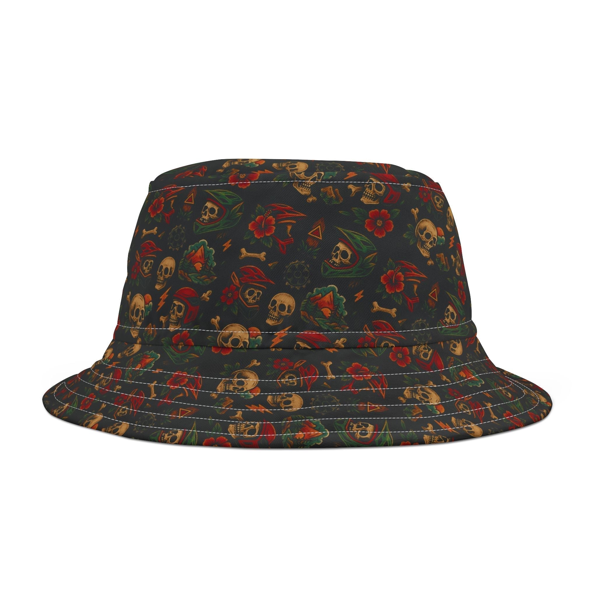 This is a stylish bucket hat featuring a dark background with a vibrant all-over print of skulls, red roses, and green leaves.