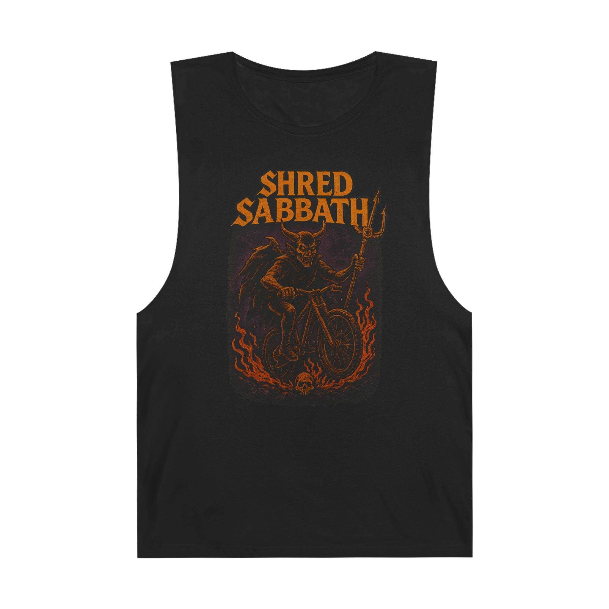 Shred Sabbath men's mountain bike tank top with fiery skeleton design