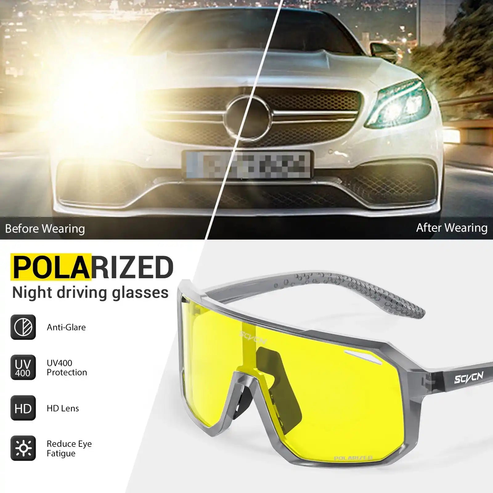 SCVCN polarized night driving glasses with UV400 protection shown in before-and-after glare comparison for enhanced night vision.