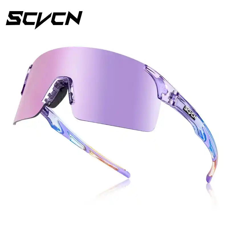 Purple photochromic MTB cycling sunglasses with a transparent frame, designed for UV protection and stylish sports performance.