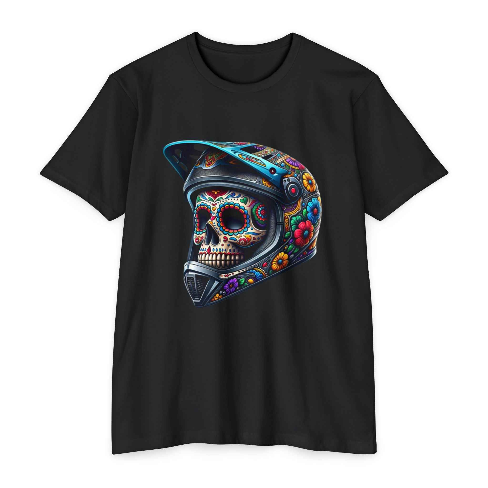 Black Skull Candy Men's T-Shirt featuring a bold, colorful skull helmet design. Perfect for breathable, casual style.