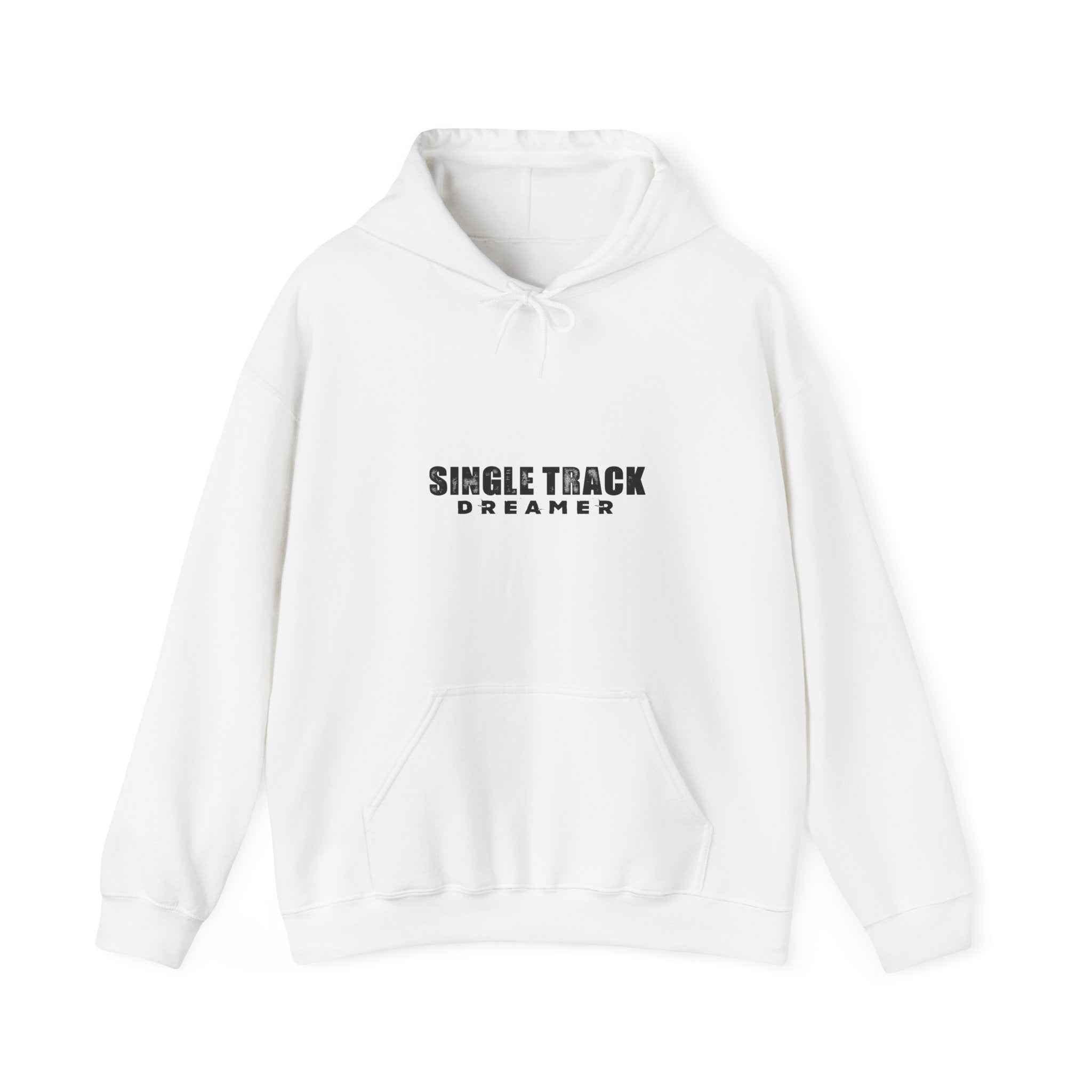 Front view of women's MTB hoodie with 'Single Track Dreamer' text, soft white fabric and classic fit for mountain biking enthusiasts.