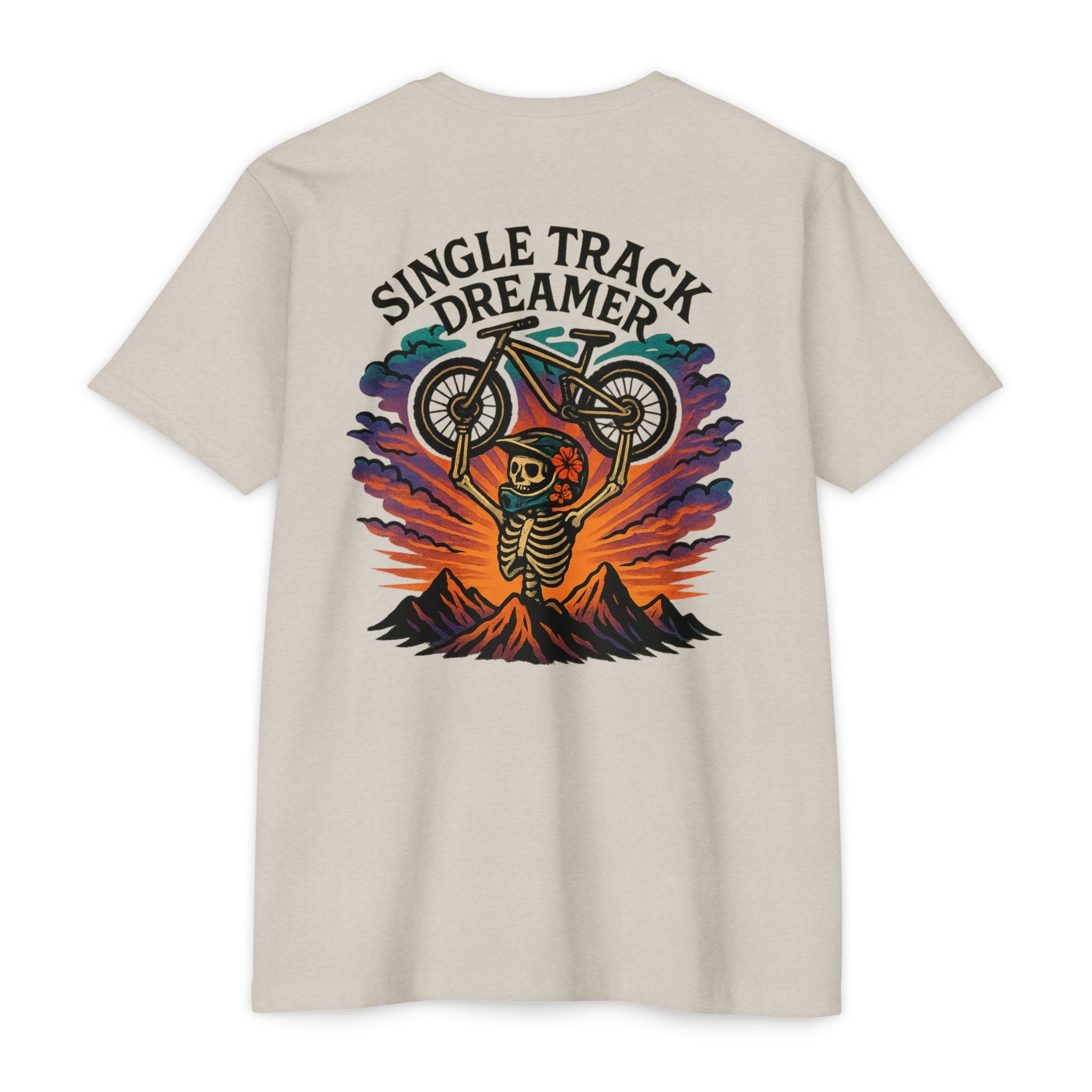 Beige t-shirt with 'Single Track Dreamer' graphic design on a white background