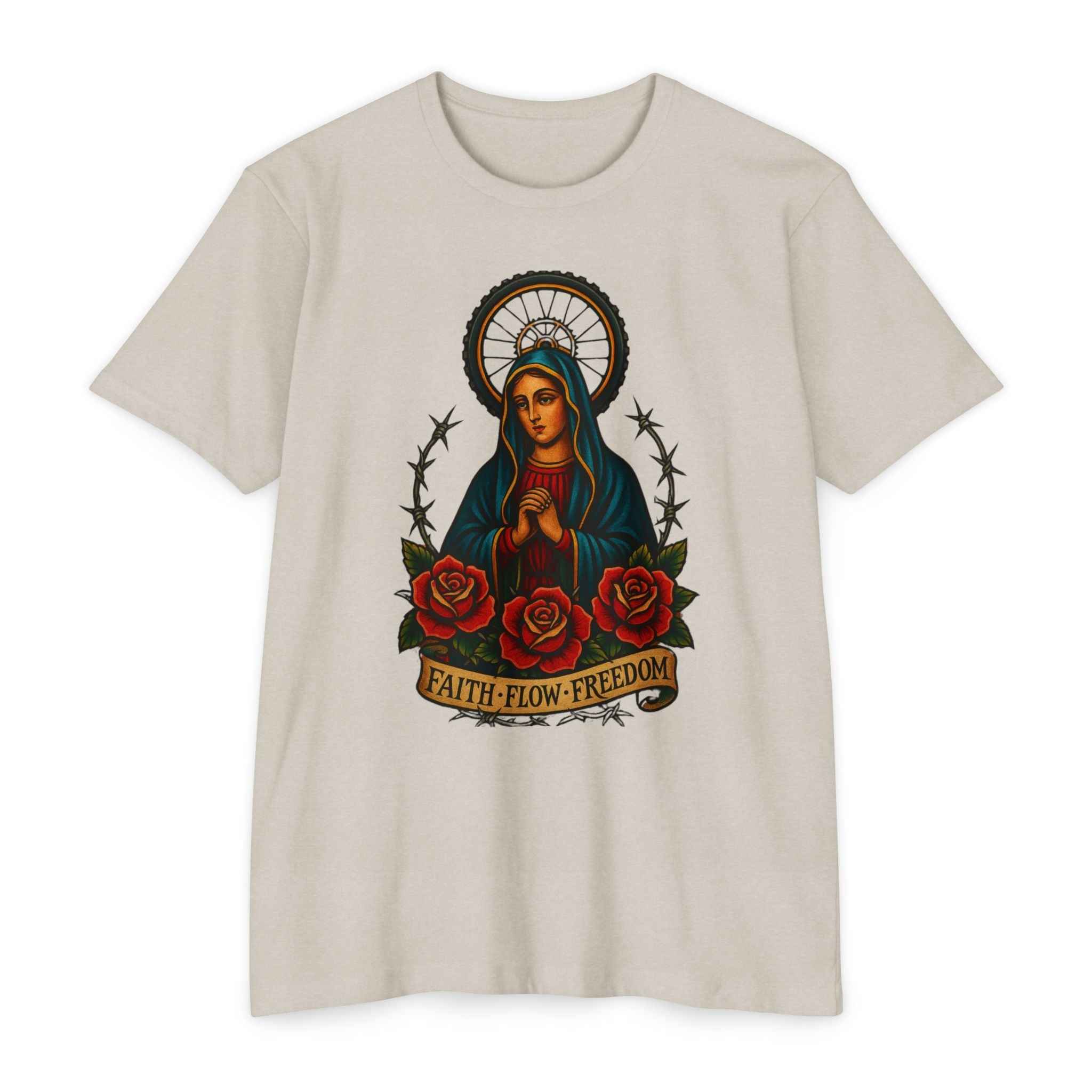 Faith Flow Freedom Men's Inspirational Tee in beige featuring a spiritual Virgin Mary design with roses, perfect for expressive everyday fashion.