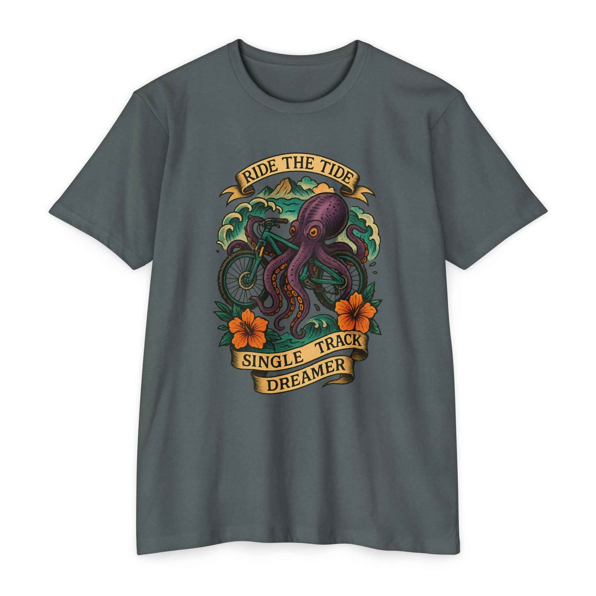 Gray t-shirt with an octopus design and text on a white background