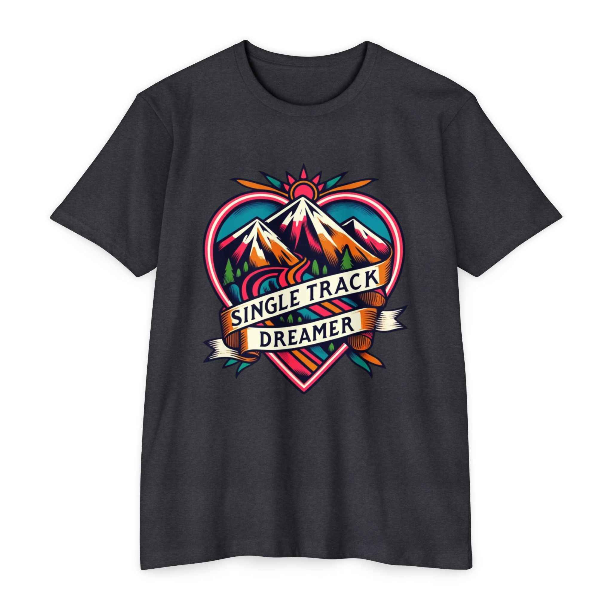 Charcoal Customizable Men's T-shirt with bold 'Single Track Dreamer' mountain artwork. Durable cotton tee for everyday comfort.