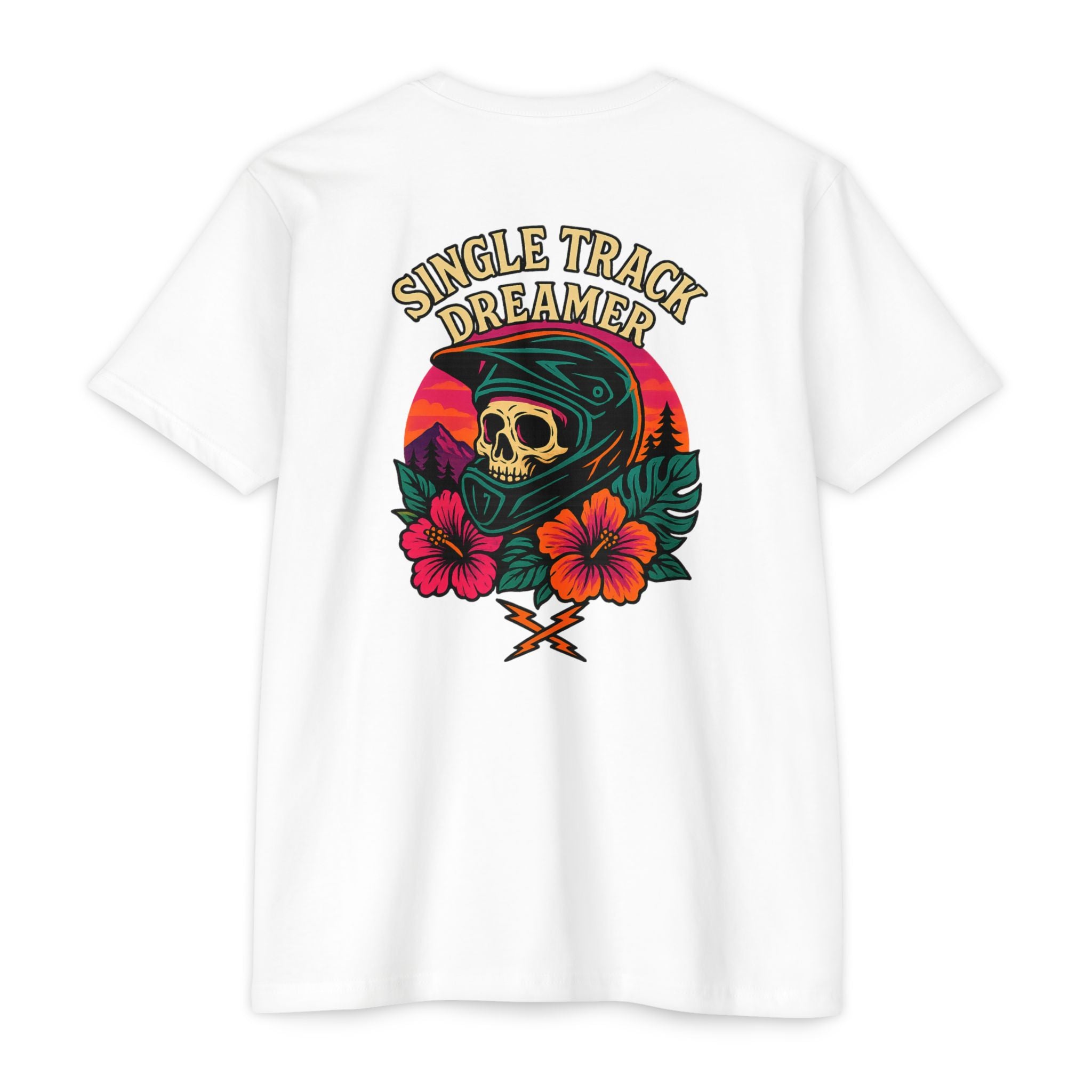 White t-shirt with a colorful graphic design featuring a skull, flowers, and mountain landscape on a white background.