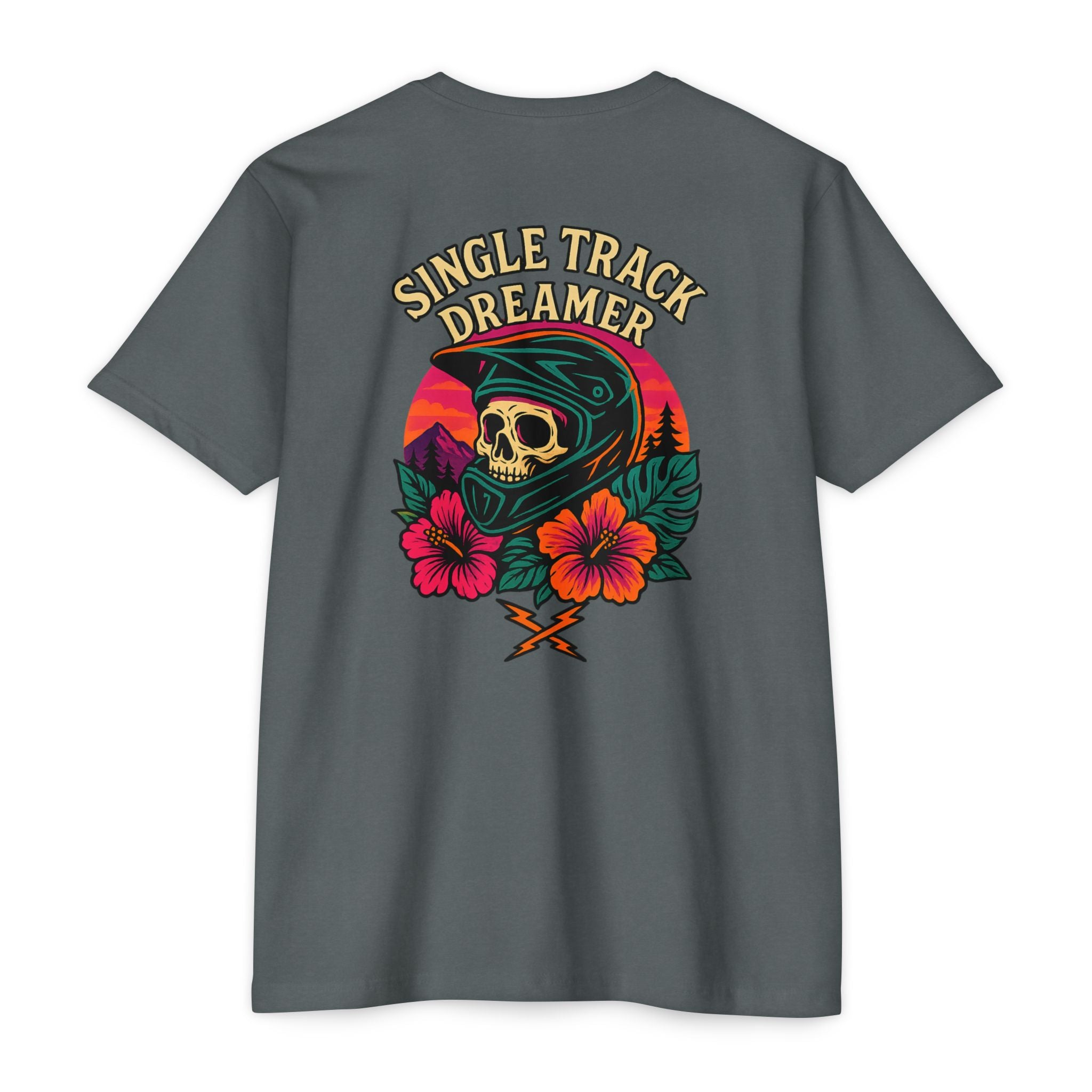Gray t-shirt with 'Single Track Dreamer' graphic on the back