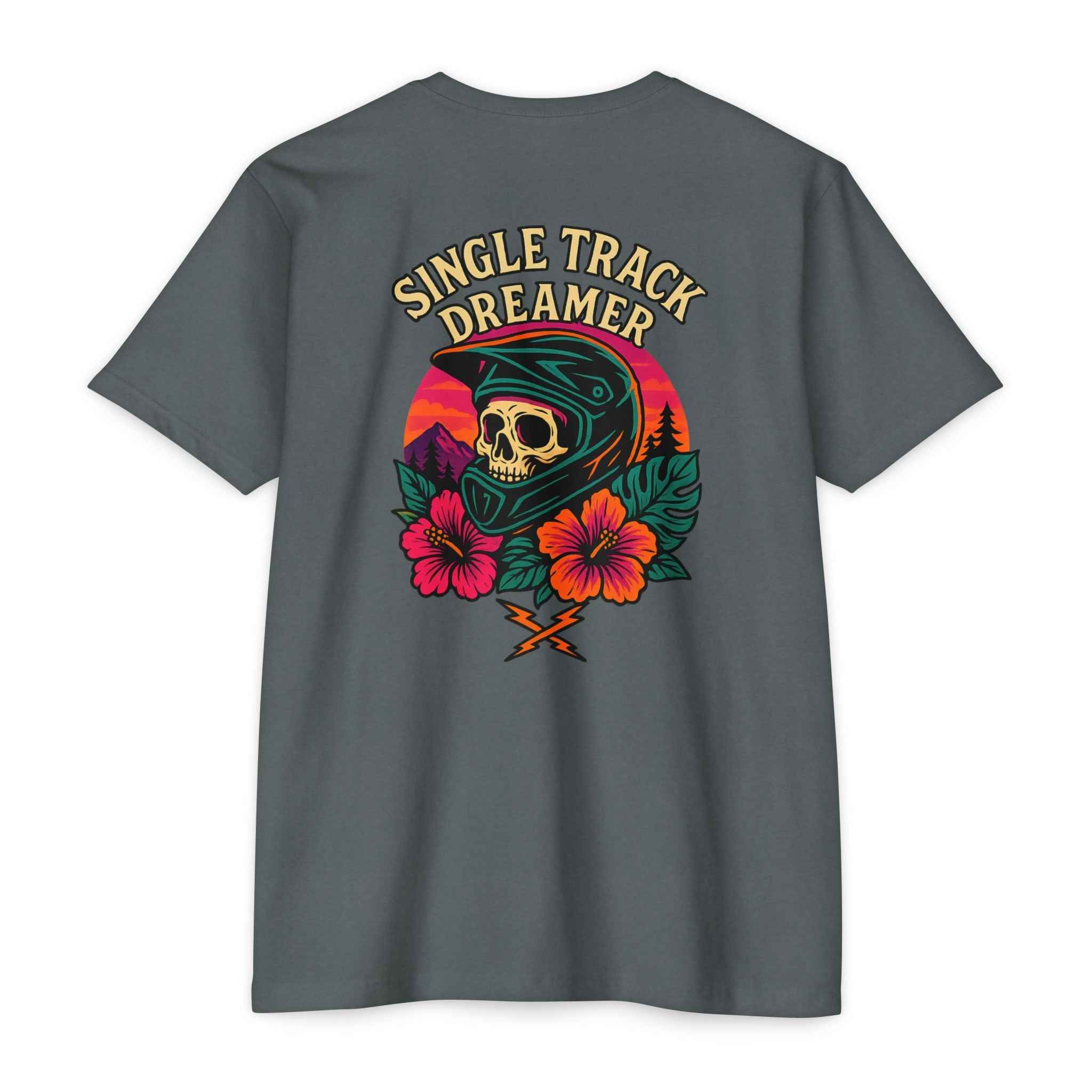 Gray t-shirt with 'Single Track Dreamer' graphic on the back