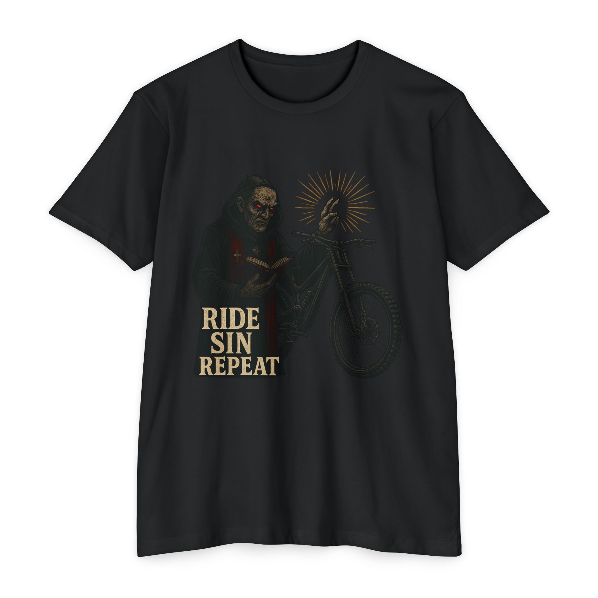 Black t-shirt with graphic design and text 'Ride Sin Repeat' on a white background