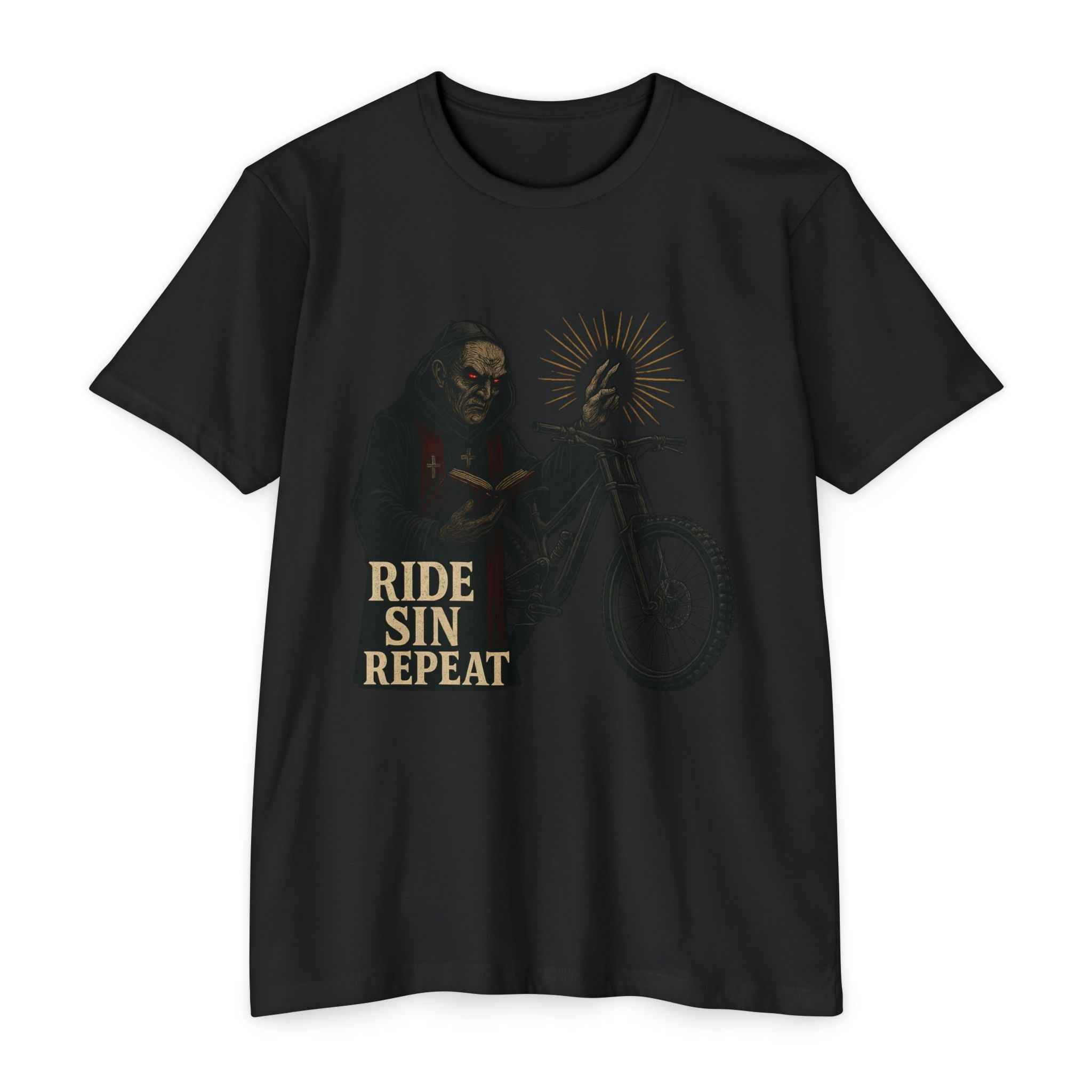 Black Men's Mountain Bike Gothic T-Shirt with vintage priest graphic and MTB theme. 'Ride Sin Repeat' text for bold, adventurous fashion.
