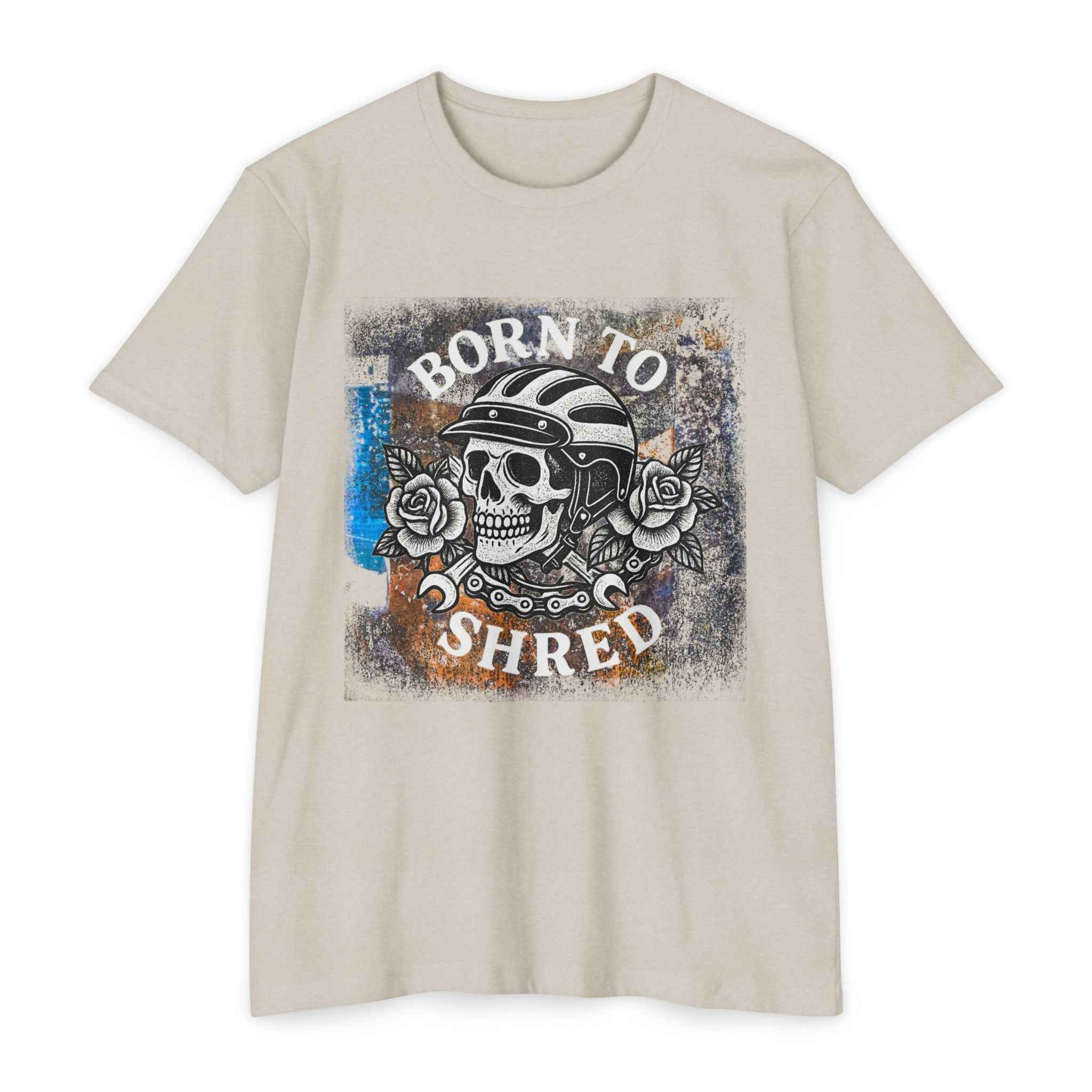 Beige Skull Women's Tee with 'Born to Shred' graphic, oversized cotton shirt for edgy street style and relaxed comfort.