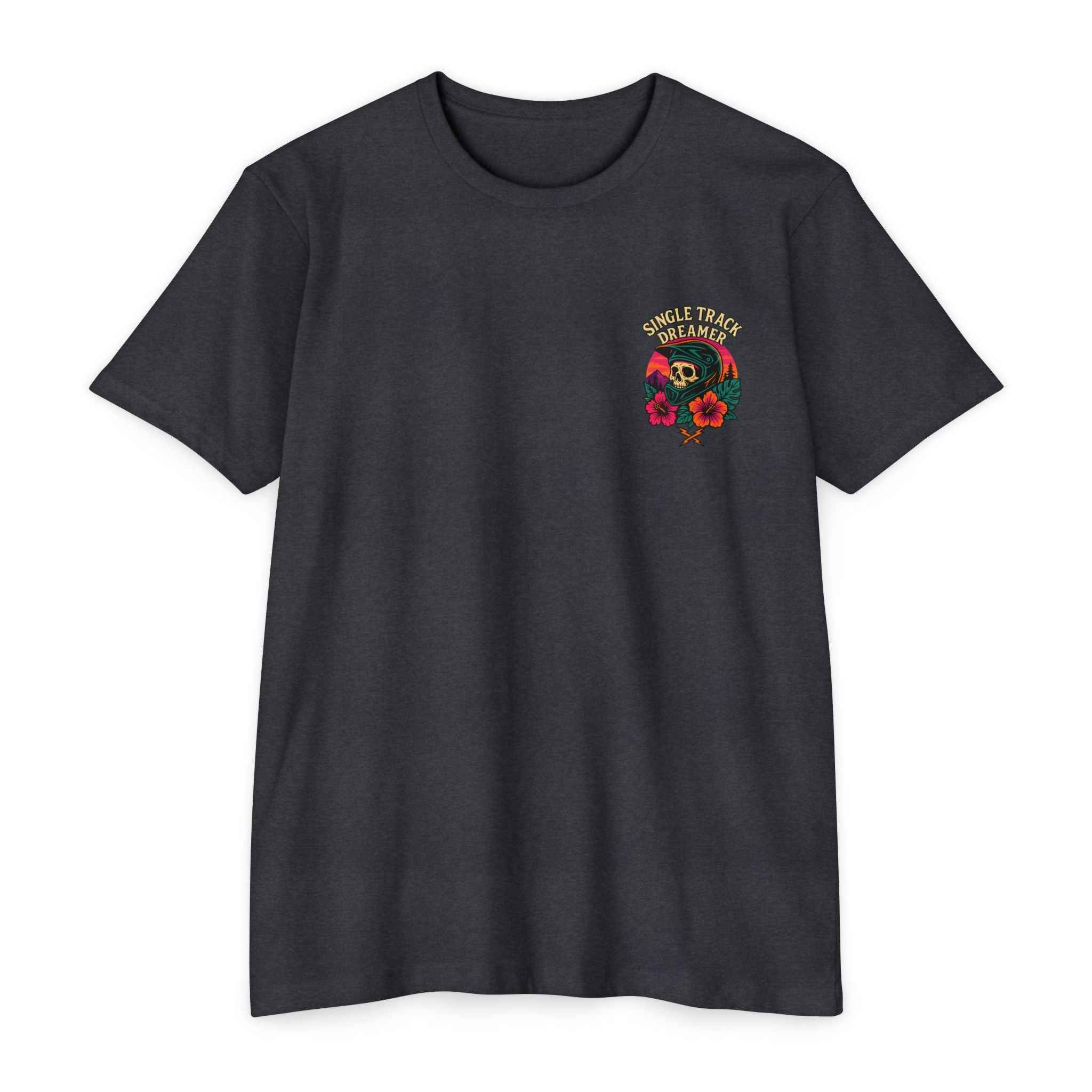 Black t-shirt with colorful graphic and text on a white background