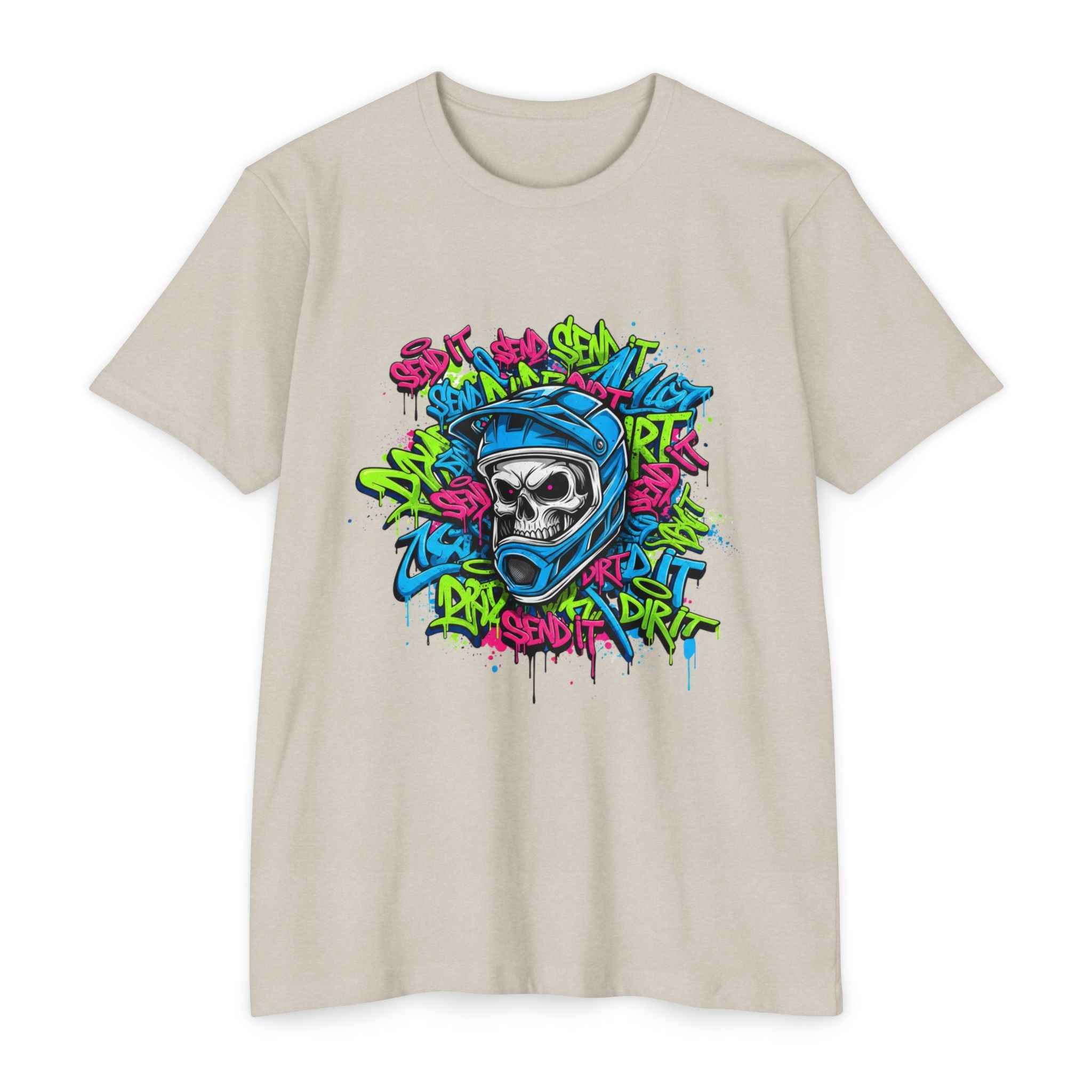 Men's Graffiti Skull T-Shirt in beige with neon moto helmet skull graphic and colorful graffiti text, ideal for edgy streetwear style.