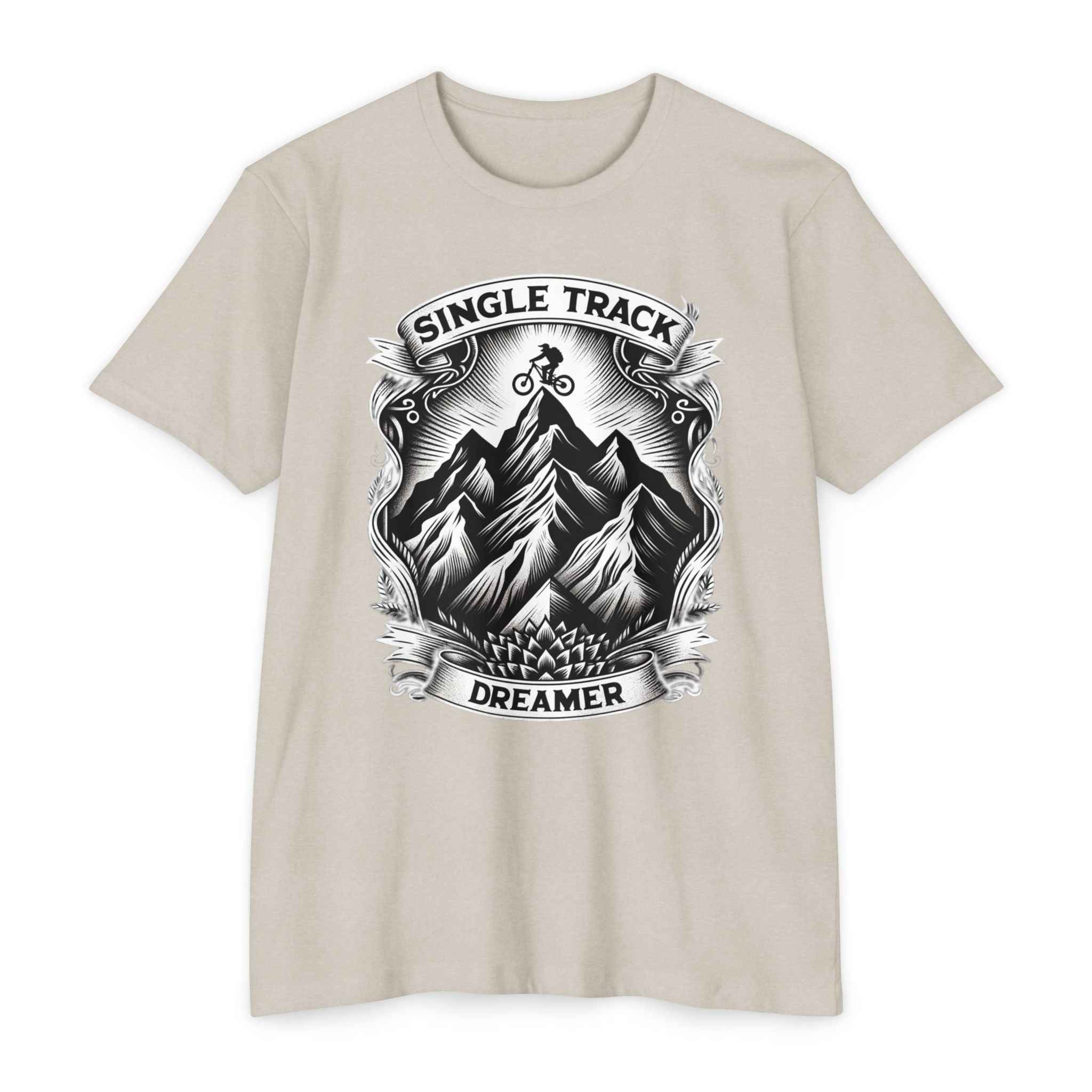 Summit Rider Jersey T Shirt in sand beige featuring bold mountain and cyclist design. Classic unisex fit for outdoor adventure apparel.