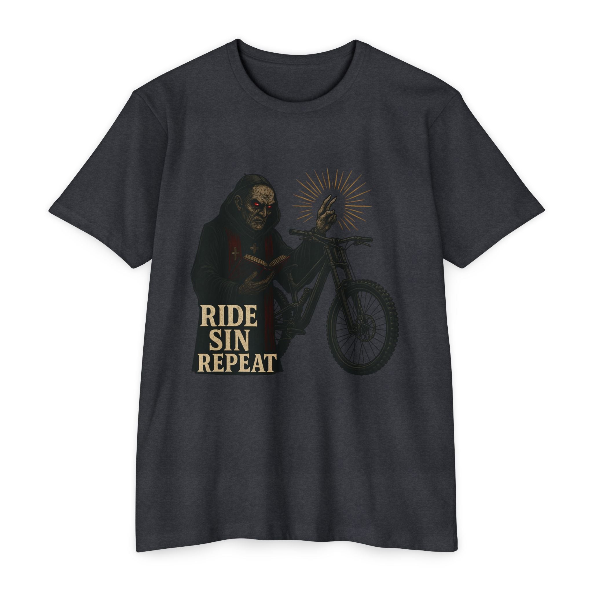 Black t-shirt with graphic design and text 'Ride Sin Repeat' on a white background