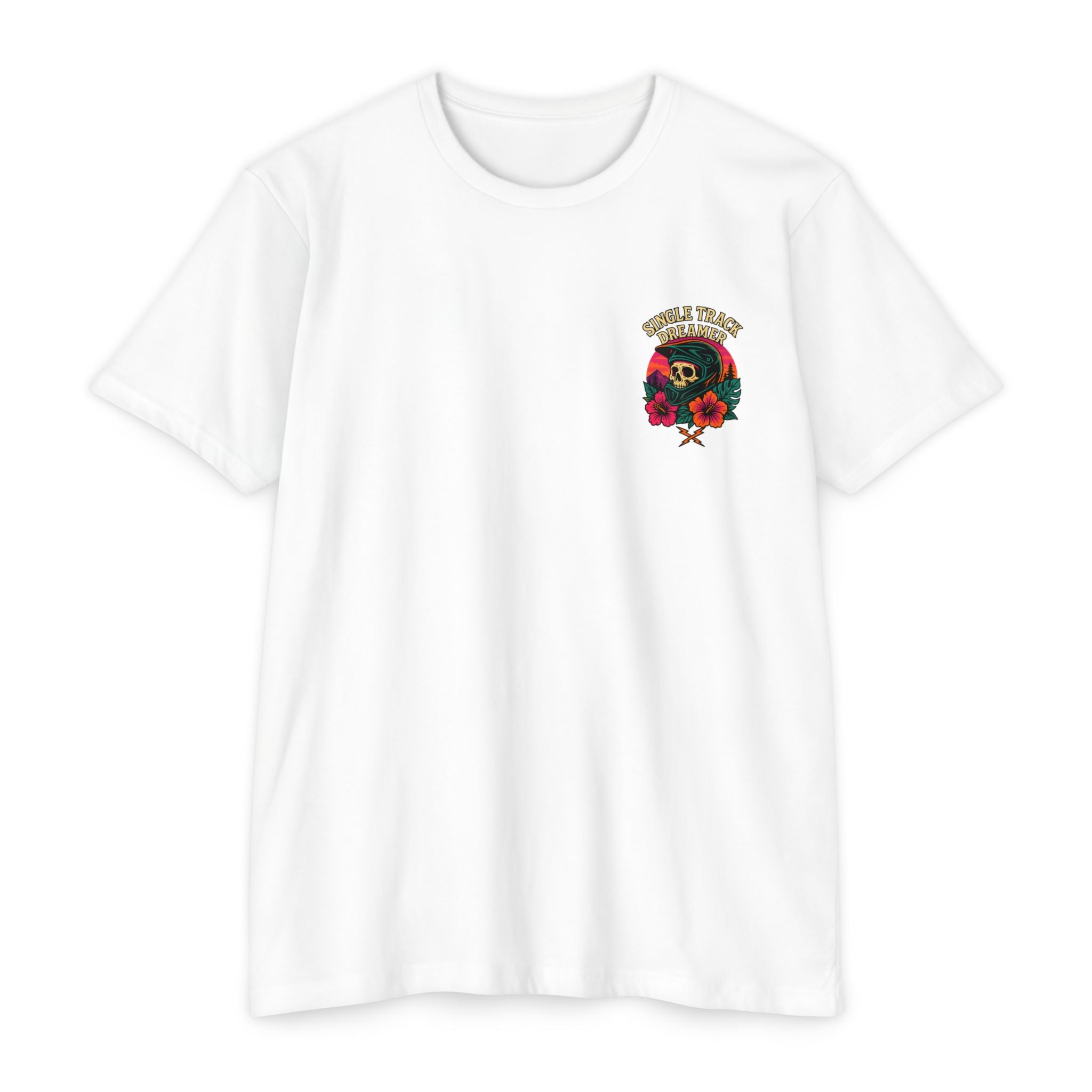 White t-shirt with a graphic design on a white background