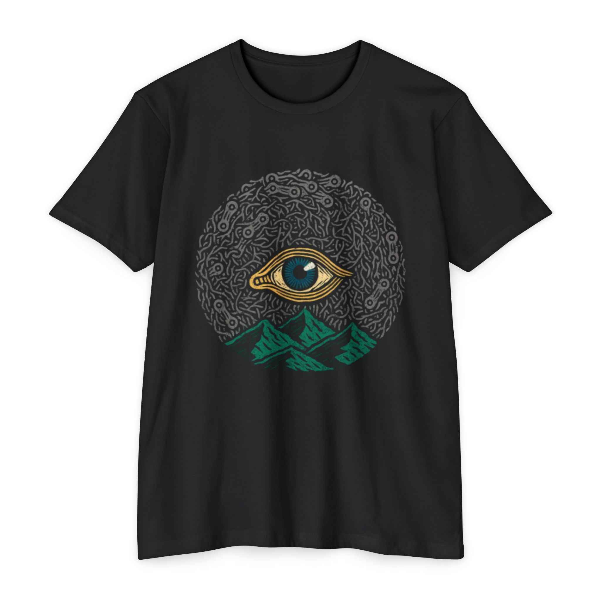 Black t-shirt with eye and mountain design on a white background