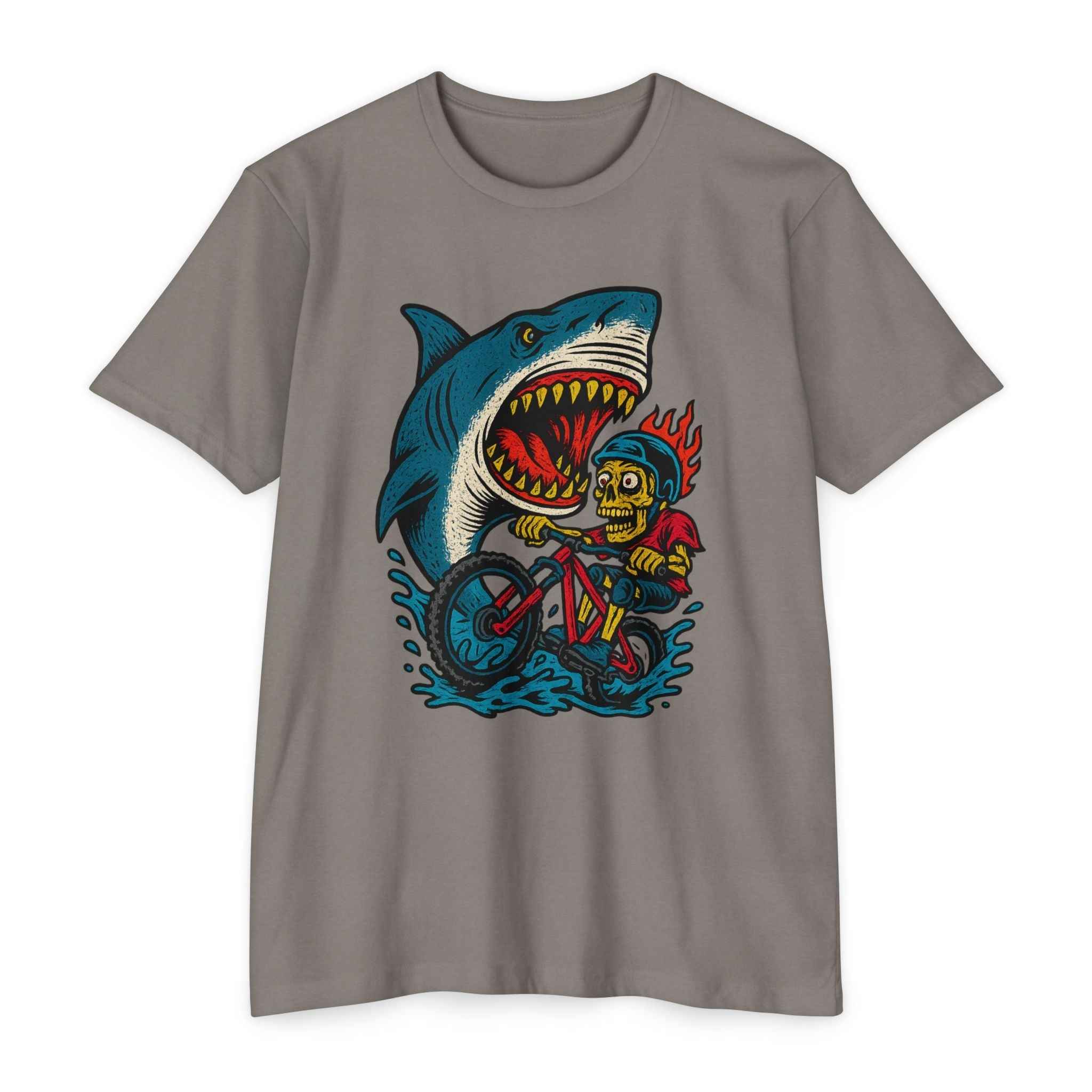 Gray Shark Attack MTB Tee showcasing a fierce shark and skeleton biker design. Cool and breathable CVC jersey shirt for mountain biking fans.