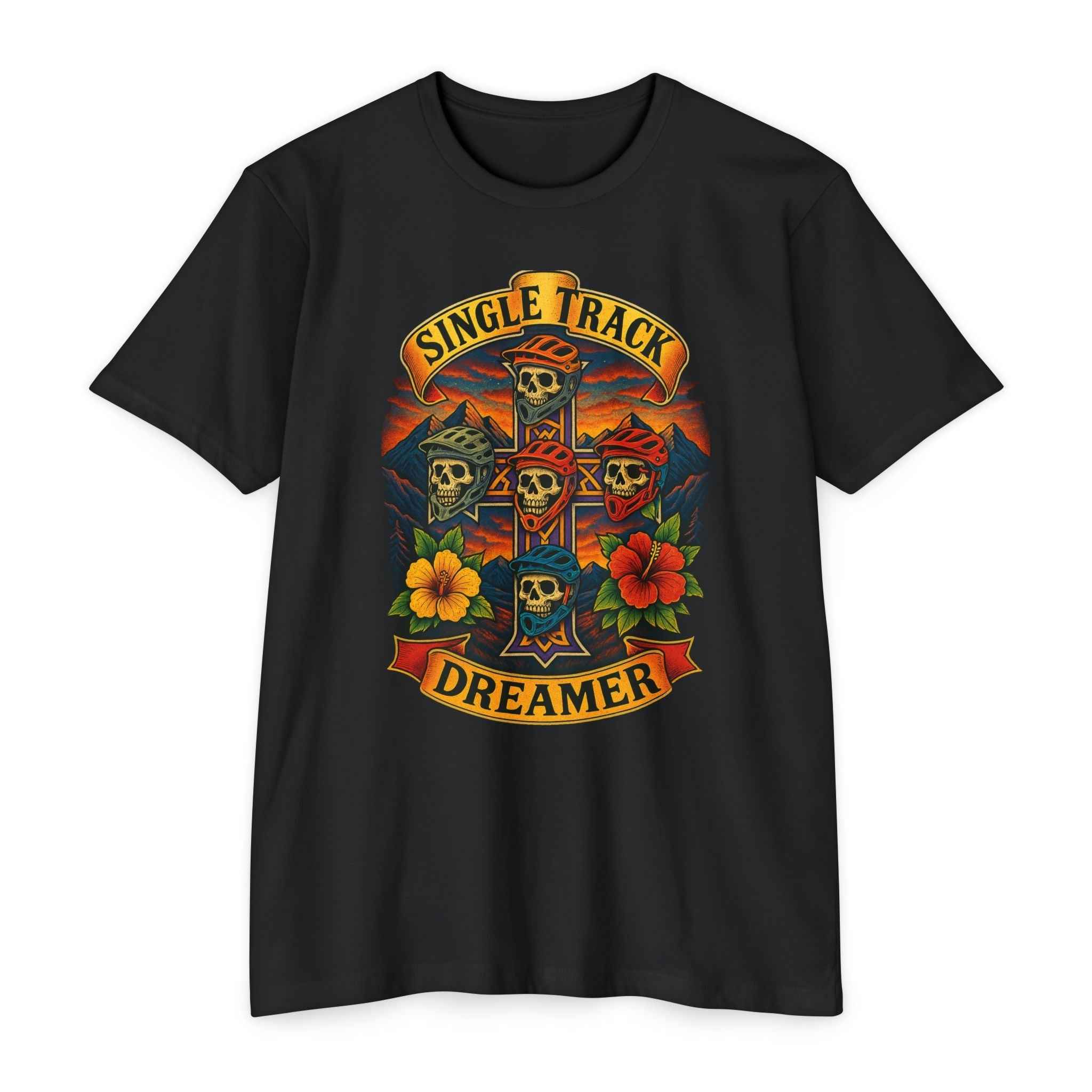 Black Single Track Dreamer graphic tee for men with vibrant skull artwork and floral accents, ideal for cool streetwear and music festivals.