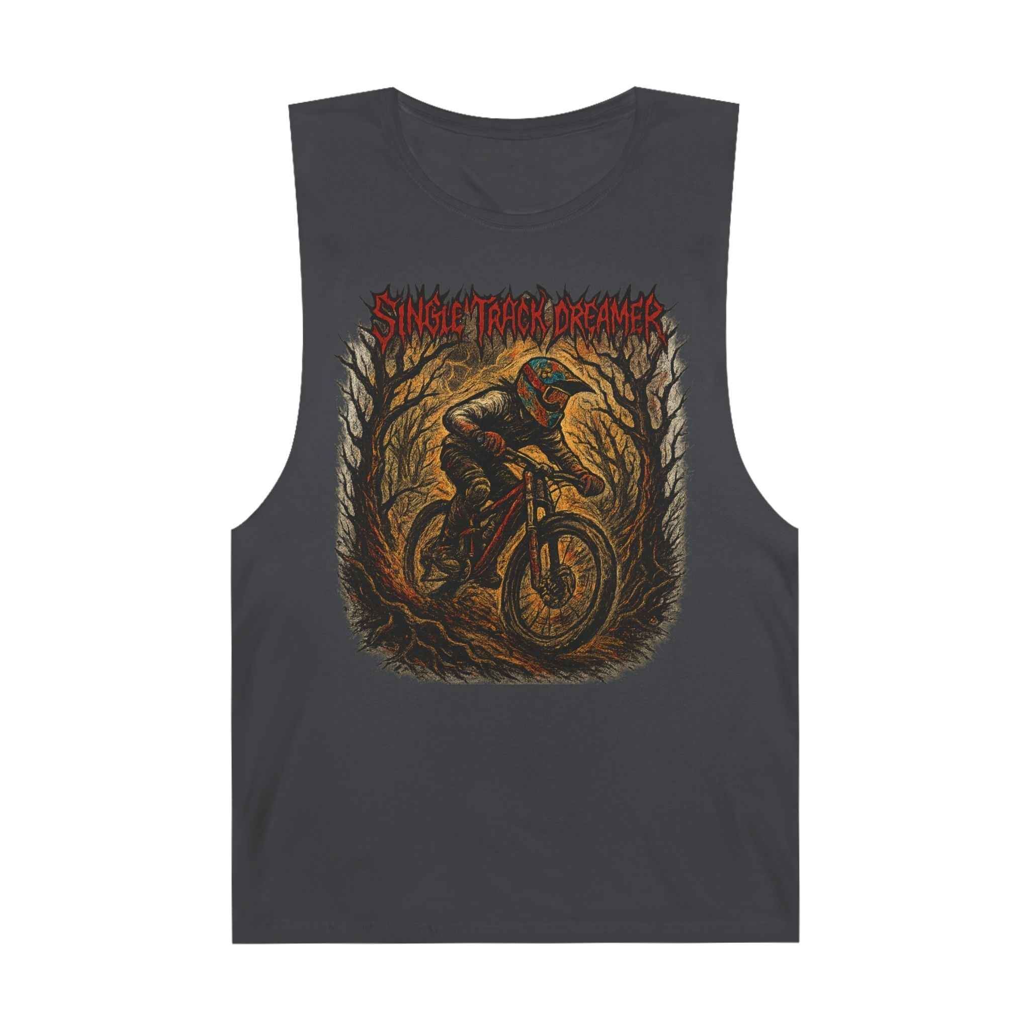 Men's Mountain Biking Tank Tee in dark gray with a vivid forest biking graphic and red 'Single Track Dreamer' lettering, perfect for biking enthusiasts.