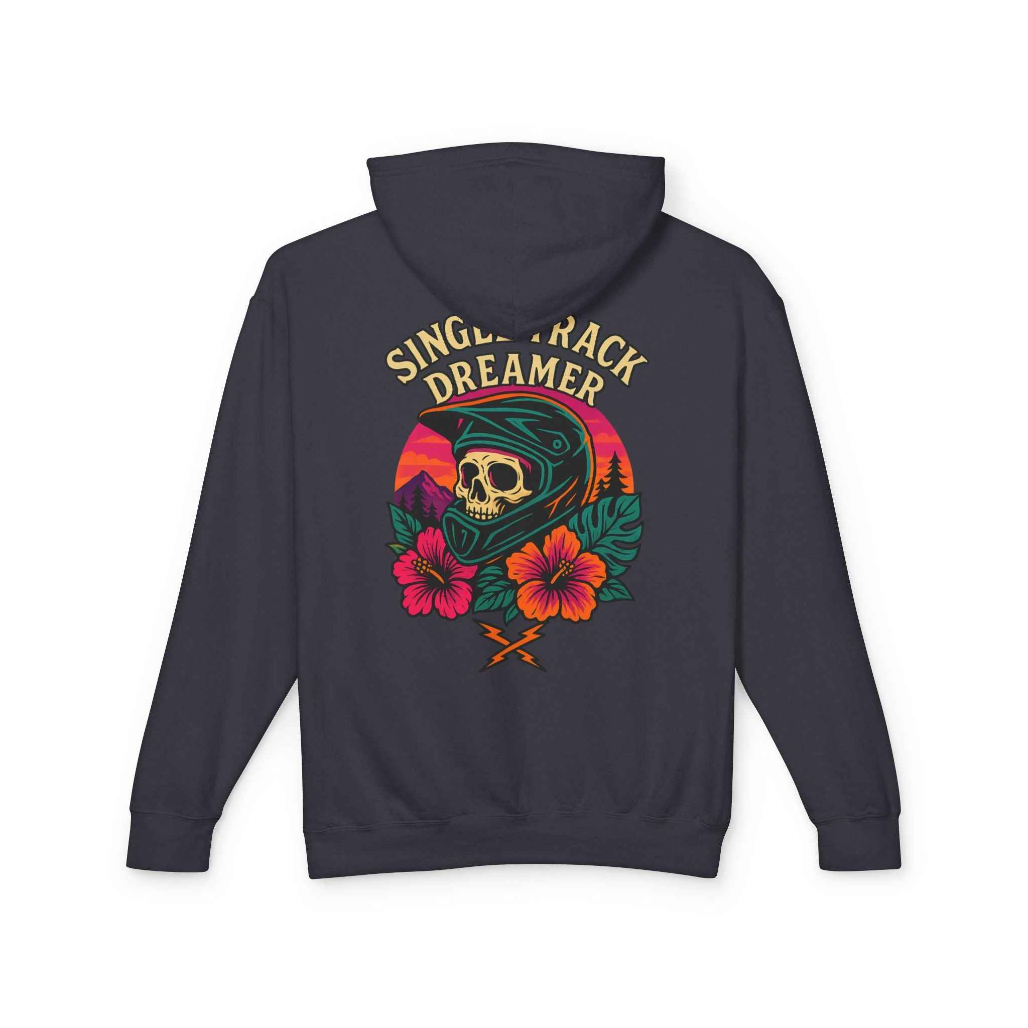 Back of dark gray Skull Sunset Lightweight Hoodie for Adventure Lovers with colorful skull, flowers, and mountain sunset artwork.