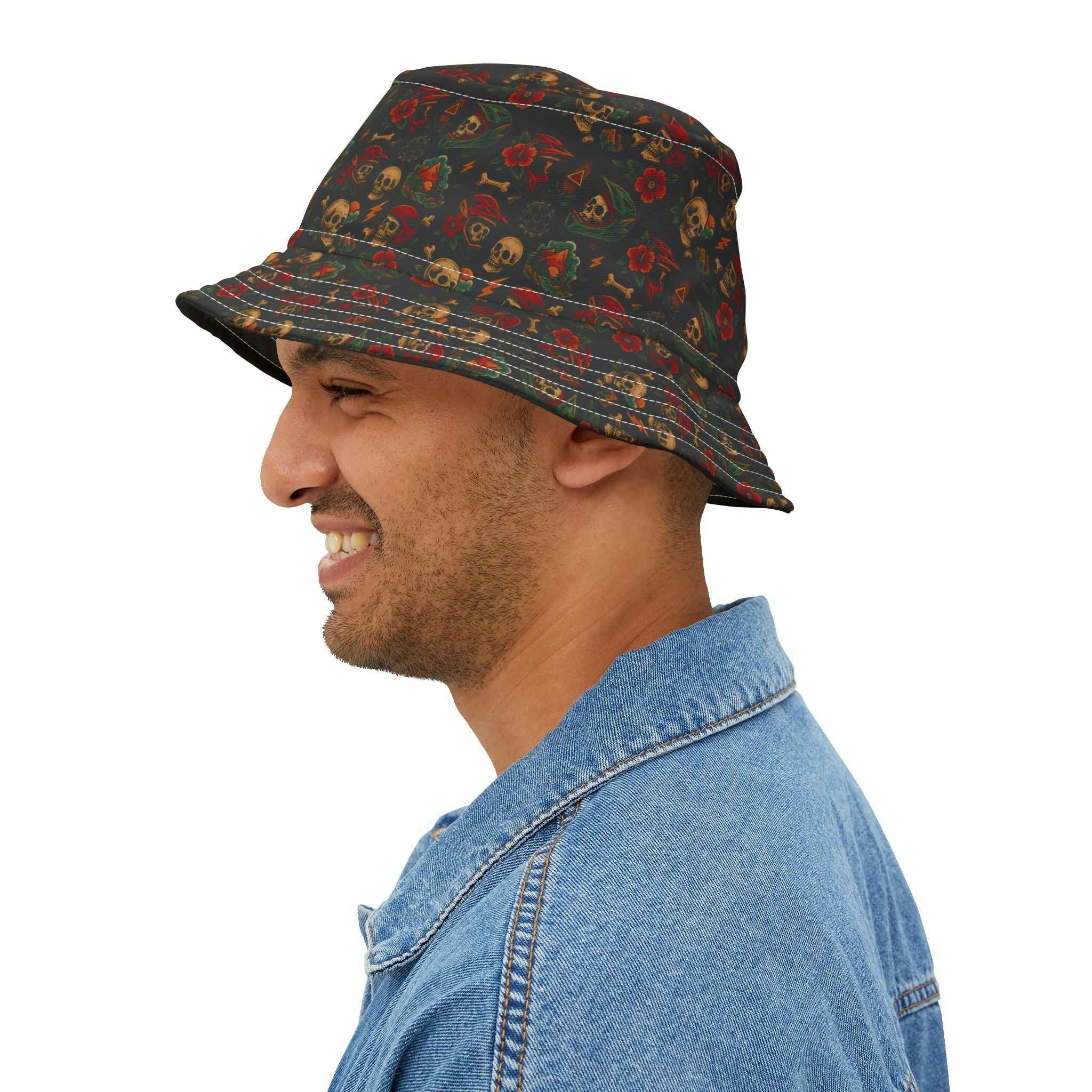Side profile of man in Skull Bucket Hat, displaying the edgy skull and floral print ideal for trendy outdoor and festival fashion.