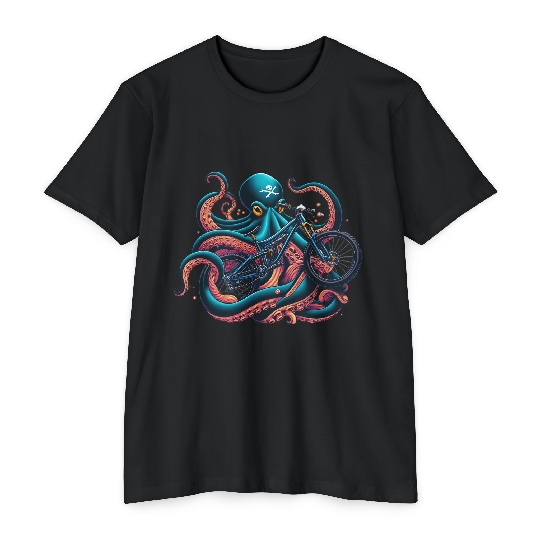 Black t-shirt with a colorful octopus design on a white background