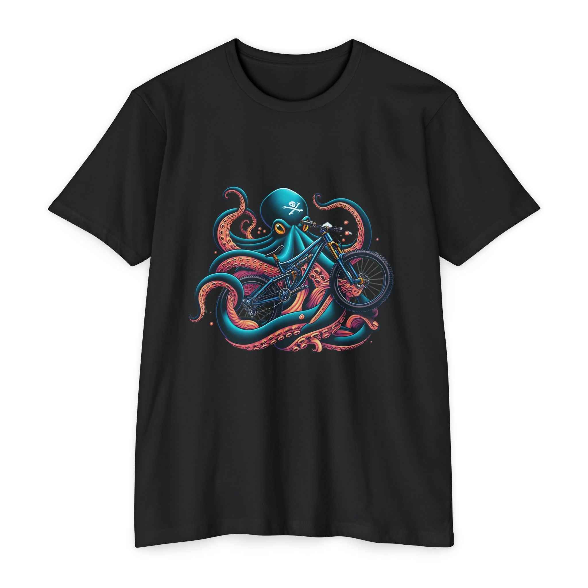 Black Octo Rider Mountain Bike T-Shirt showcasing a vivid octopus on a bike, great for cycling enthusiasts and unique graphic tee collectors.
