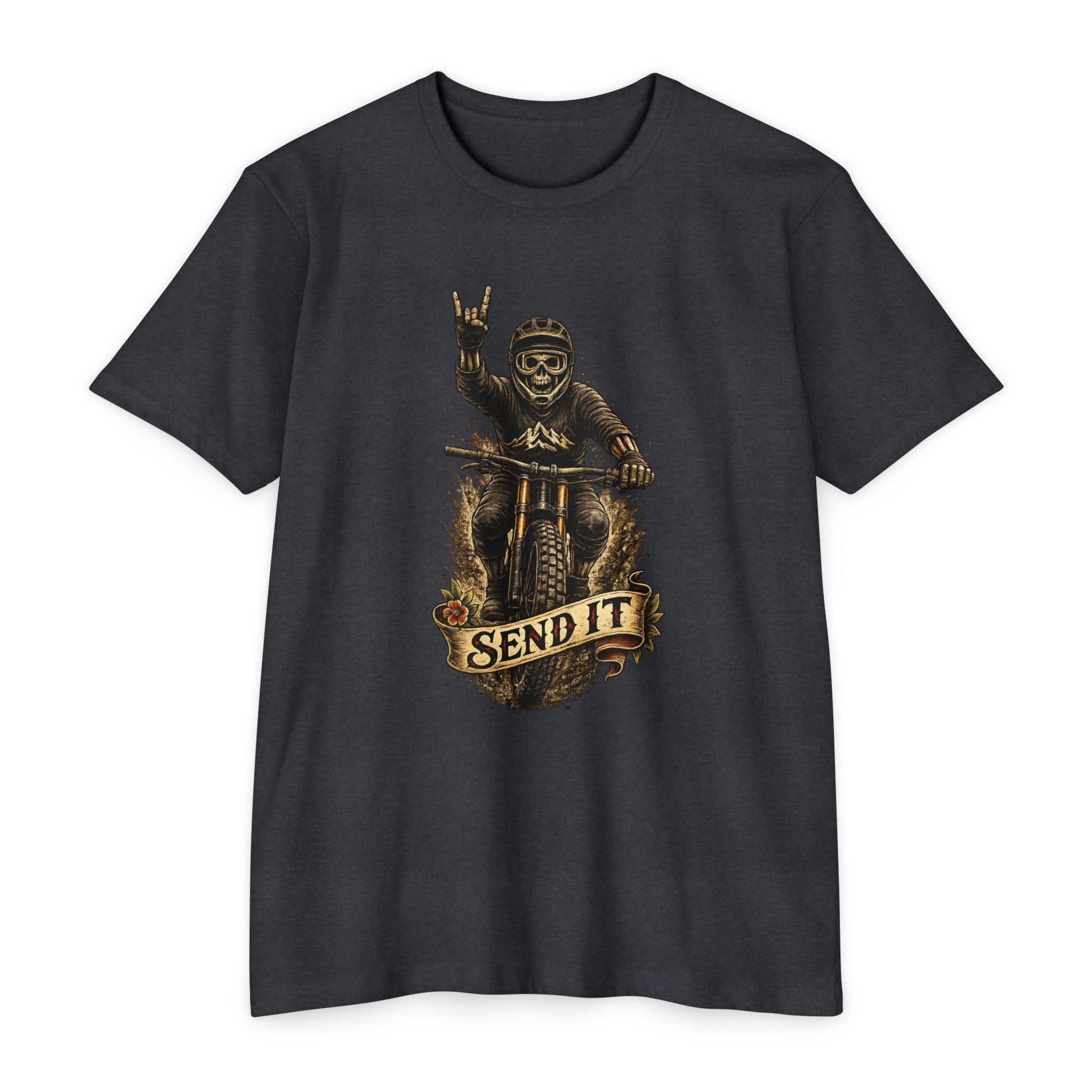 MTB T-Shirt – Send It Skeleton Downhill Rider Graphic Tee | Single Track Dreamer