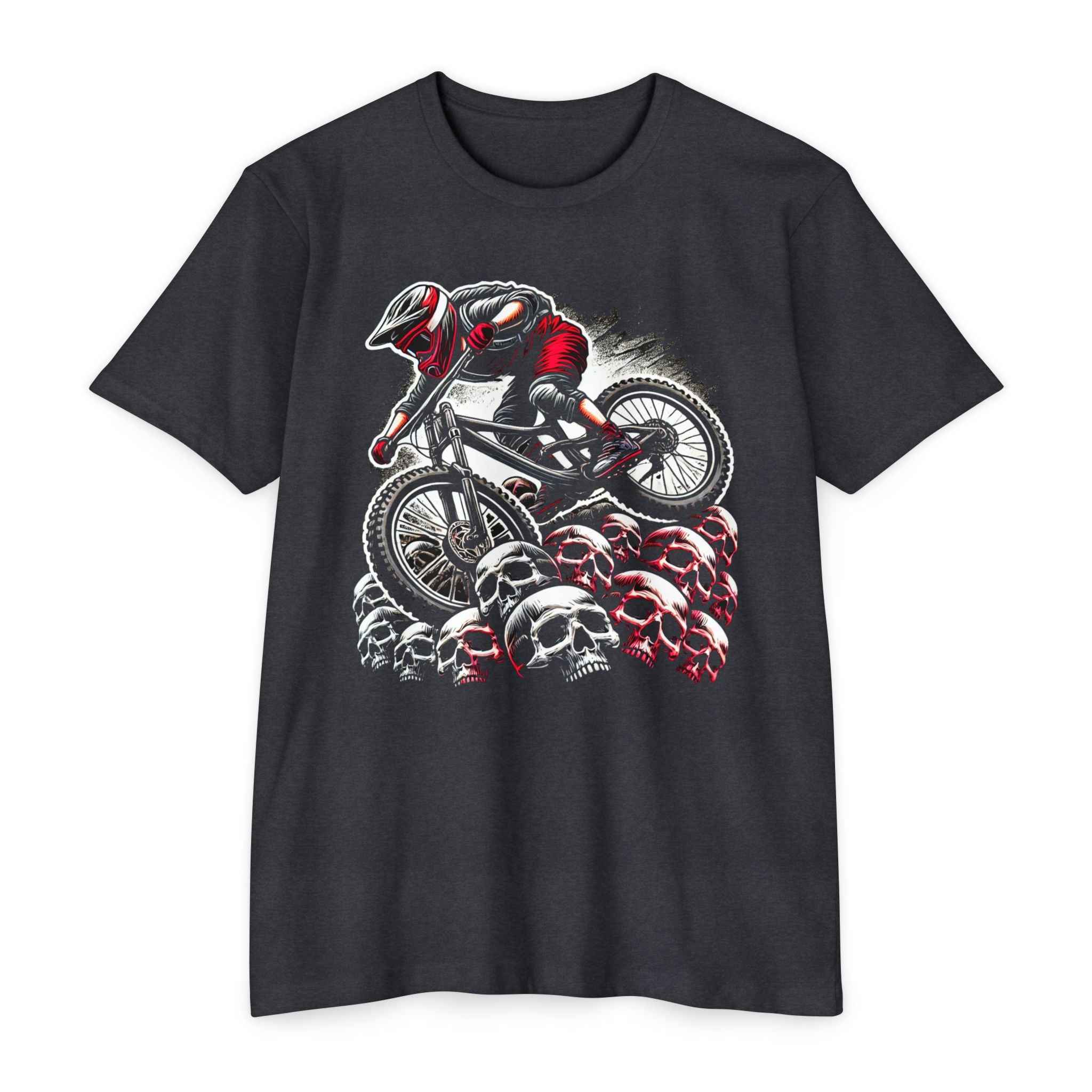 Mountain Bike T-Shirt - Single Track Dreamer in charcoal gray with a bold graphic of a downhill rider over red and gray skulls. Ideal for MTB fans.