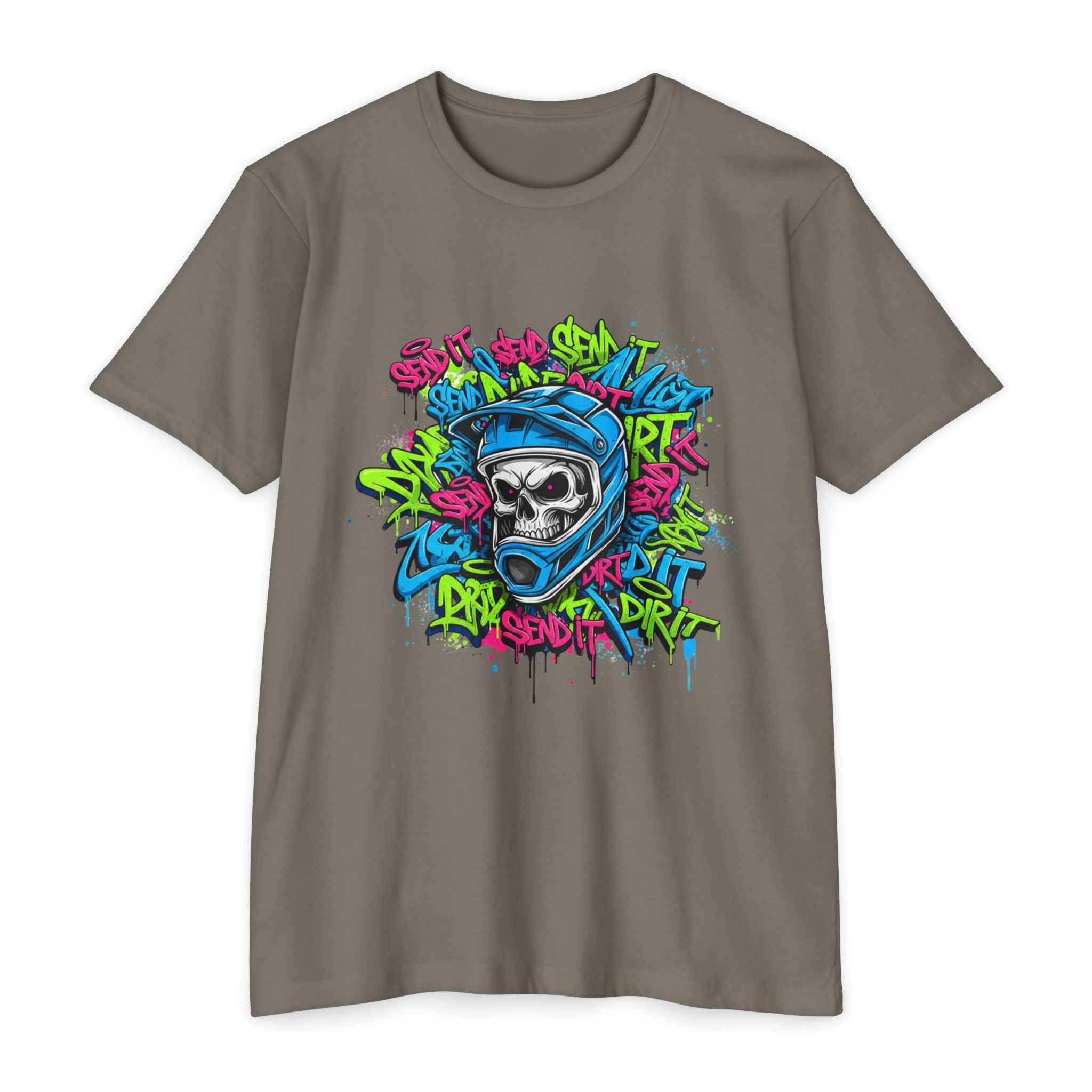 Men's Graffiti Skull T-Shirt in gray featuring bold skull in moto helmet with vibrant graffiti design, perfect for biker and urban fashion.