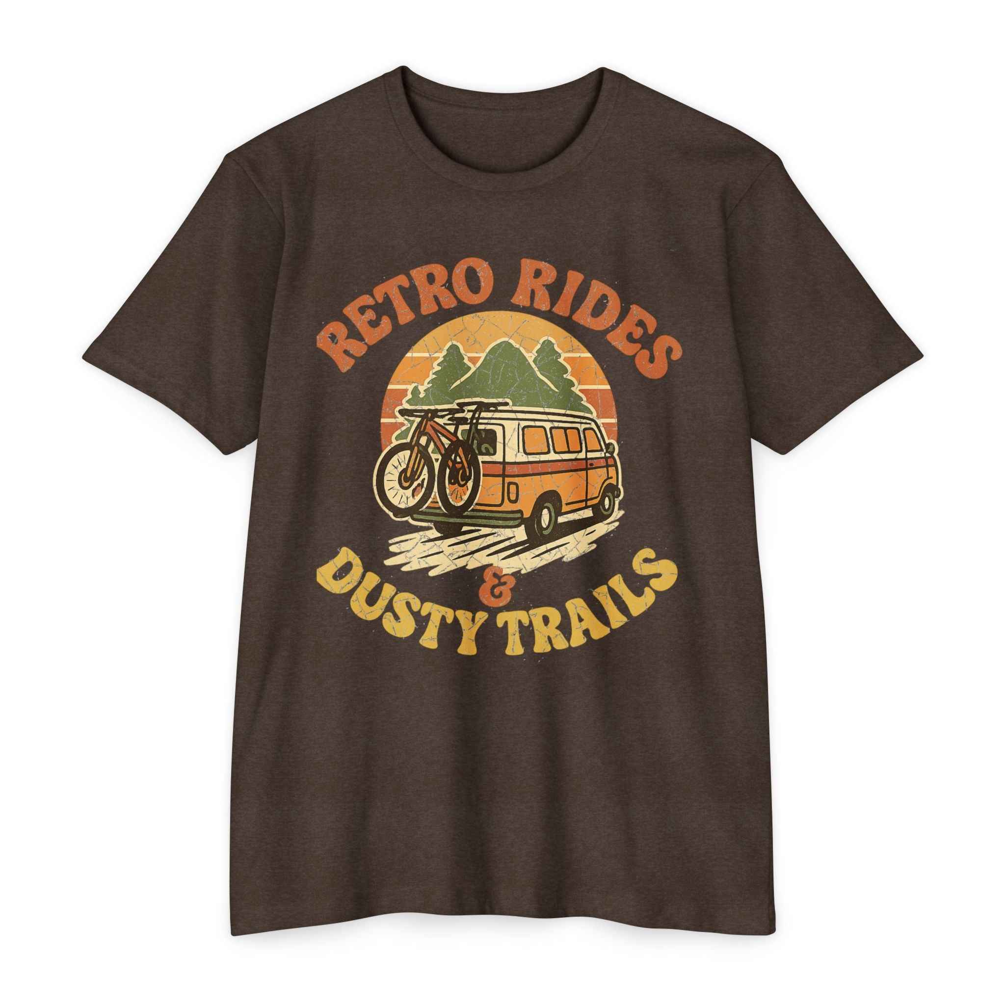 Women's retro MTB graphic t-shirt in dark brown with vintage van and mountain bike design. Perfect for cycling enthusiasts and trail riders.
