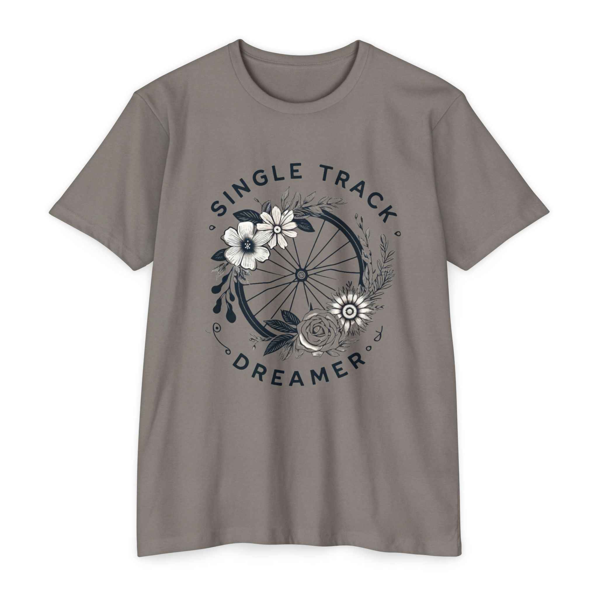 Women's MTB Tee in gray with floral mountain bike wheel and 'Single Track Dreamer' text. A soft cotton tee for stylish trail enthusiasts.