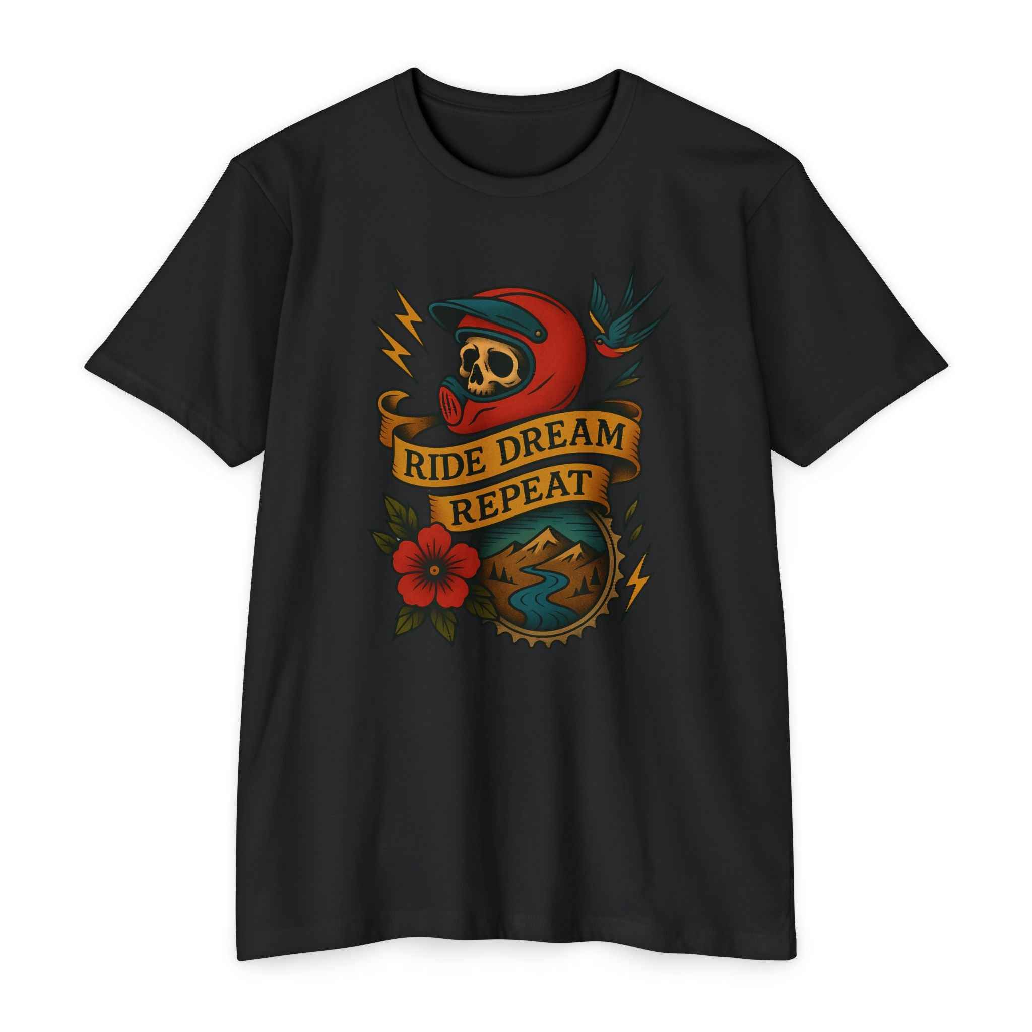 Black Vintage Rider Spirit Tee with vibrant old-school biker graphic and 'Ride Dream Repeat' text, great for motorcycle lifestyle apparel fans.