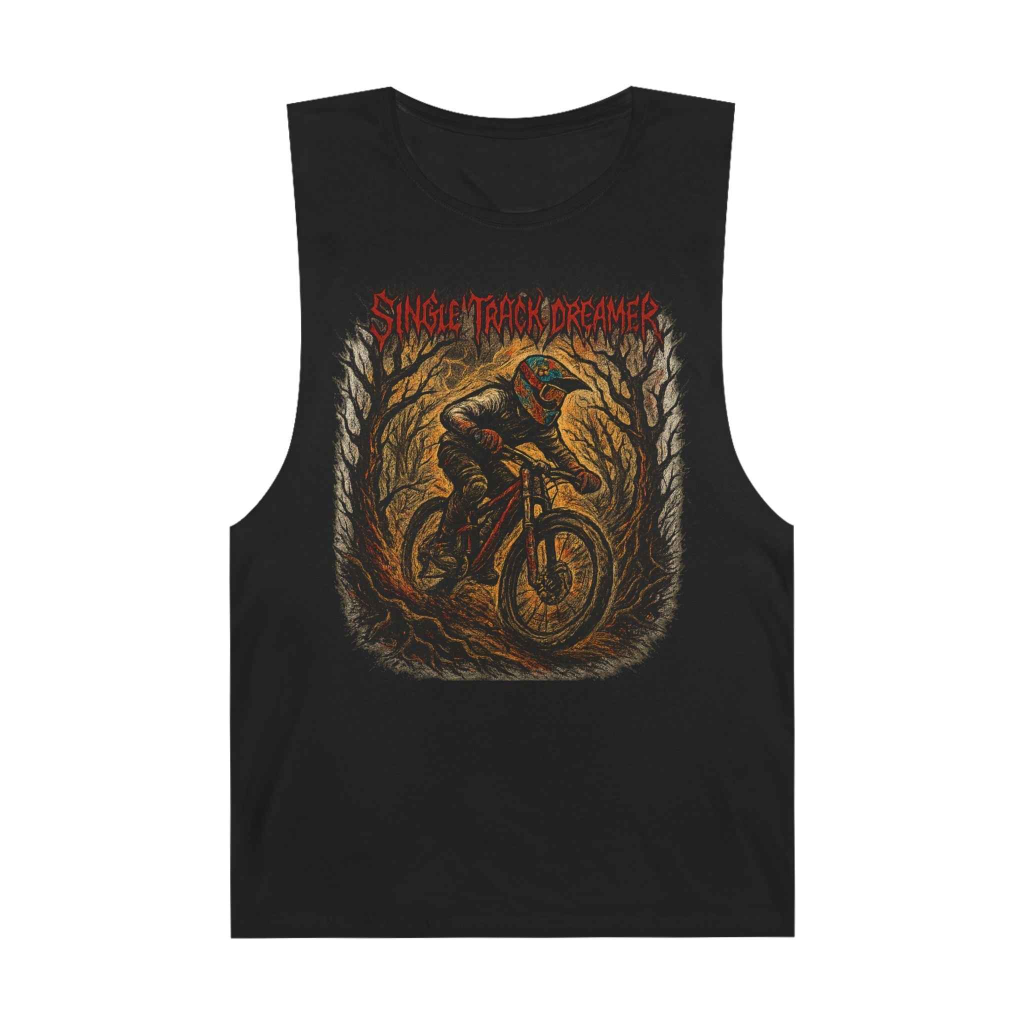 Men's Mountain Biking Tank Tee in black featuring a bold graphic of a biker in a forest with 'Single Track Dreamer' text, ideal for outdoor sports gear.
