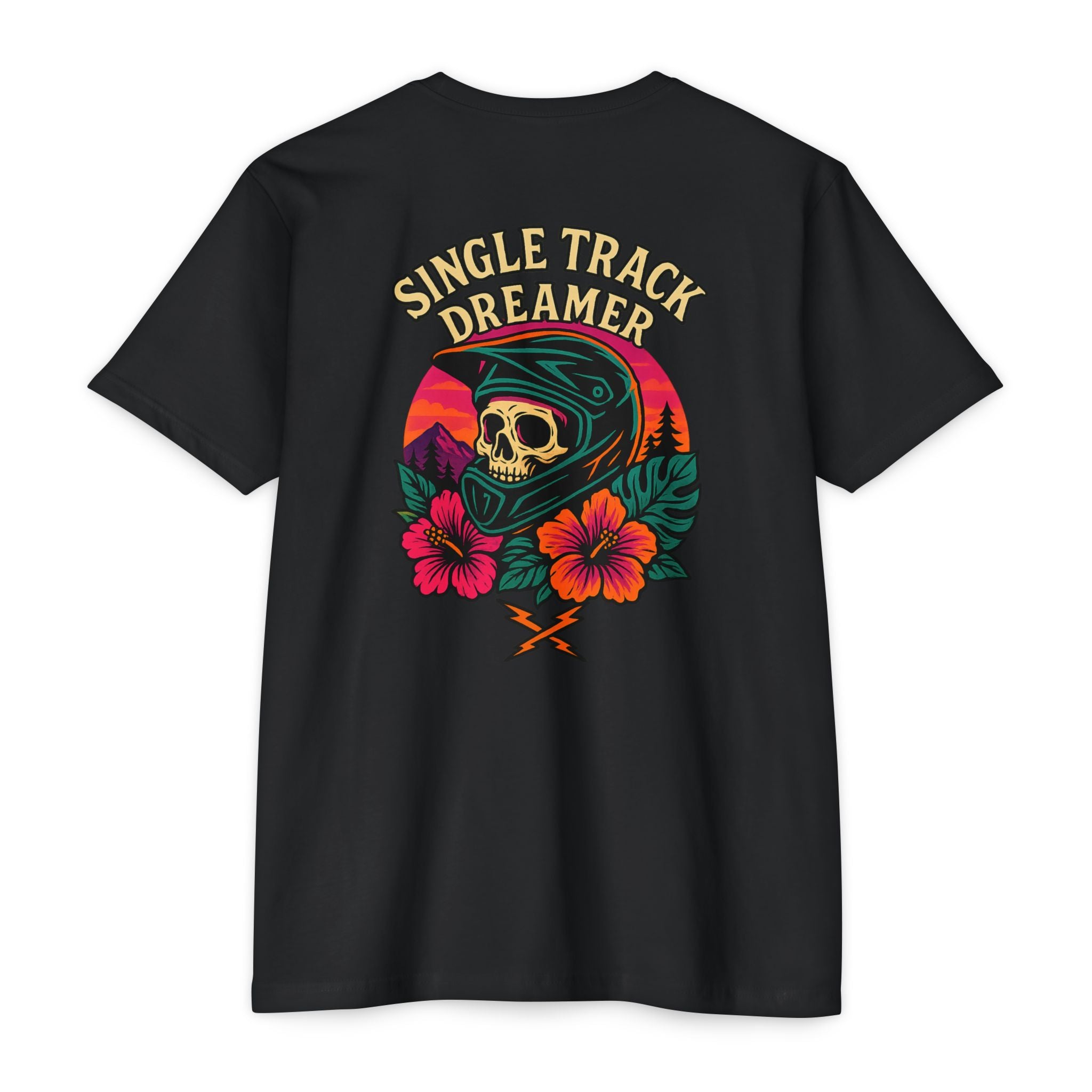 Black t-shirt with 'Single Track Dreamer' graphic design on a white background