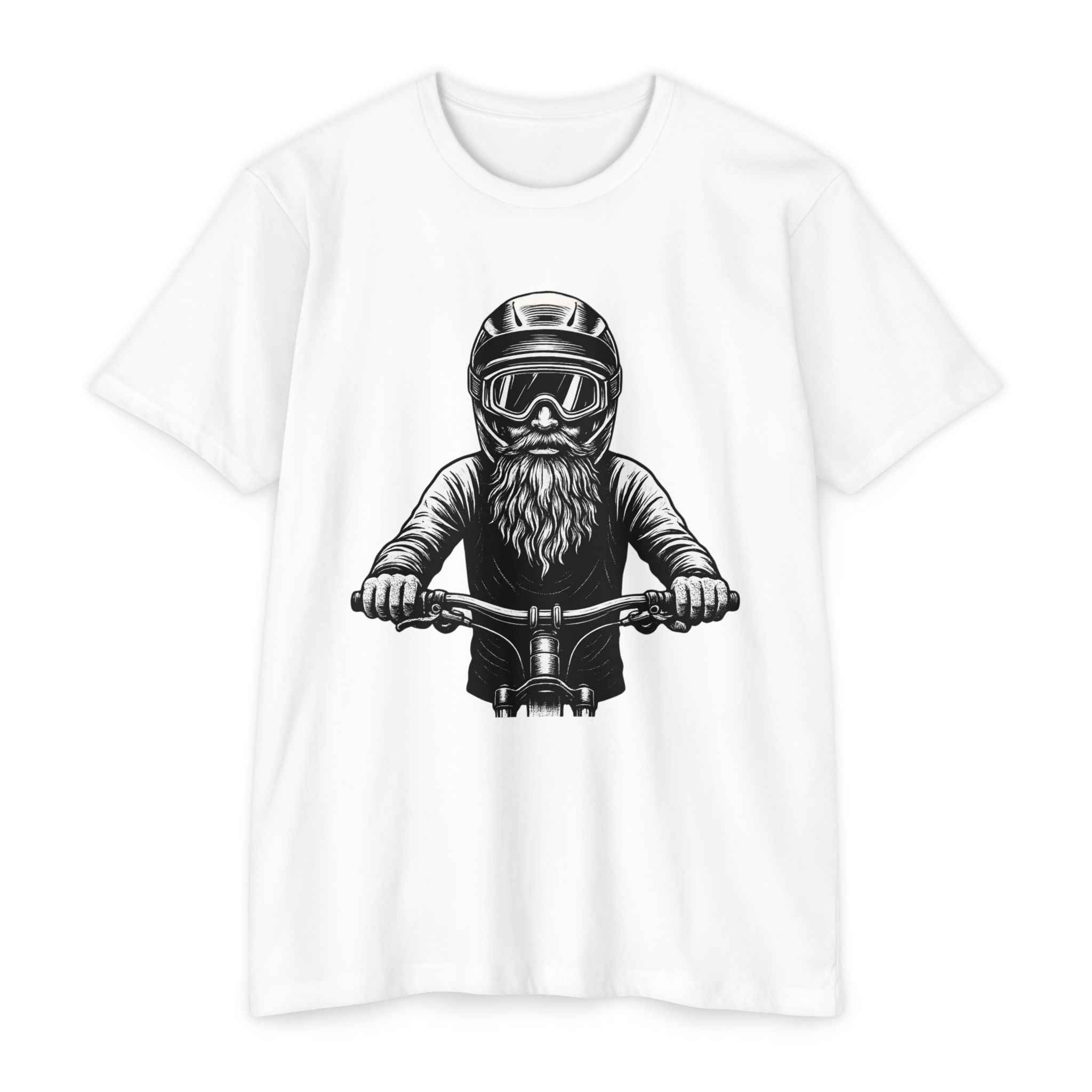 White vintage mountain biker tee showcasing a bearded rider in helmet. Classic fit and soft cotton ideal for cycling and casual wear.