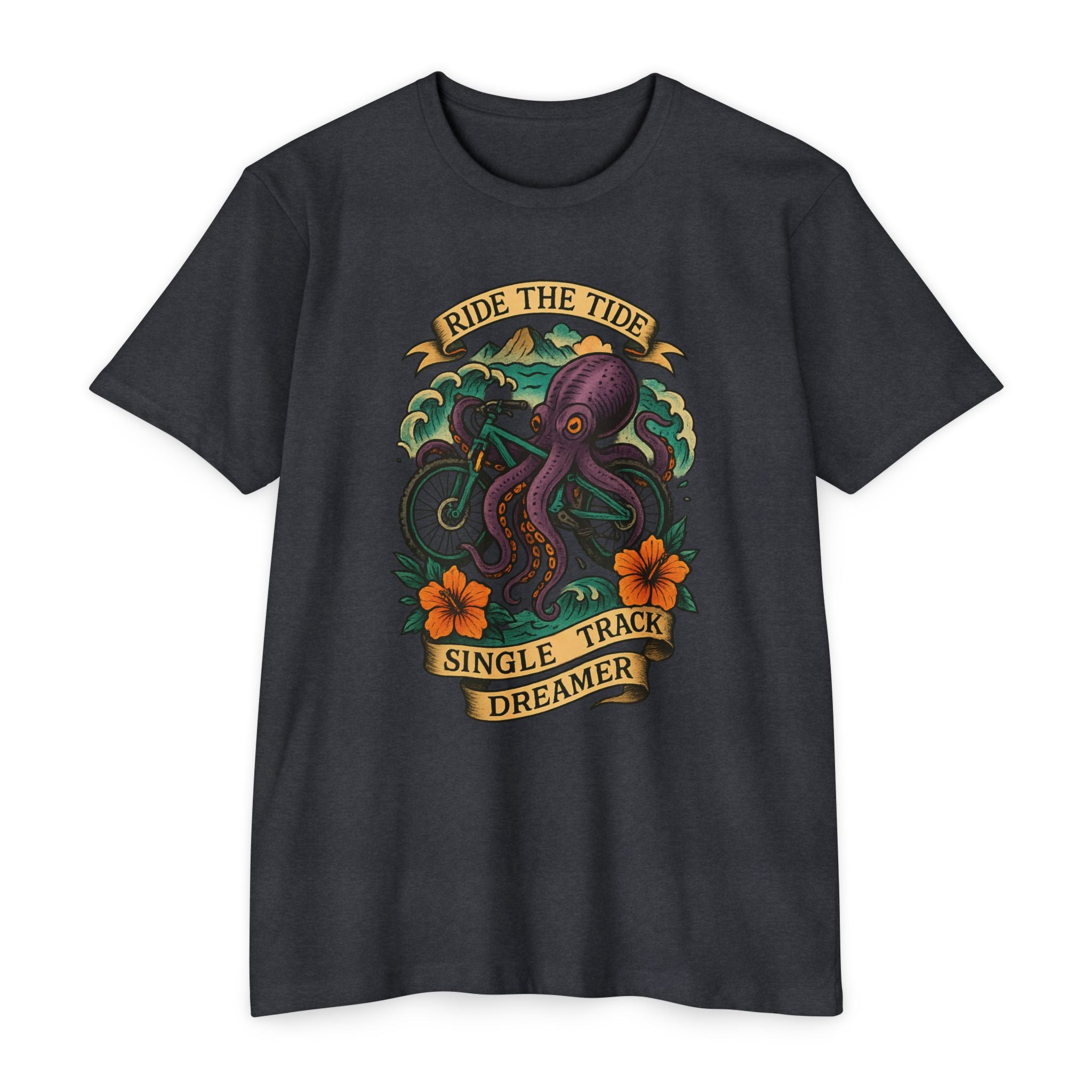 Black t-shirt with an octopus design and text on a white background