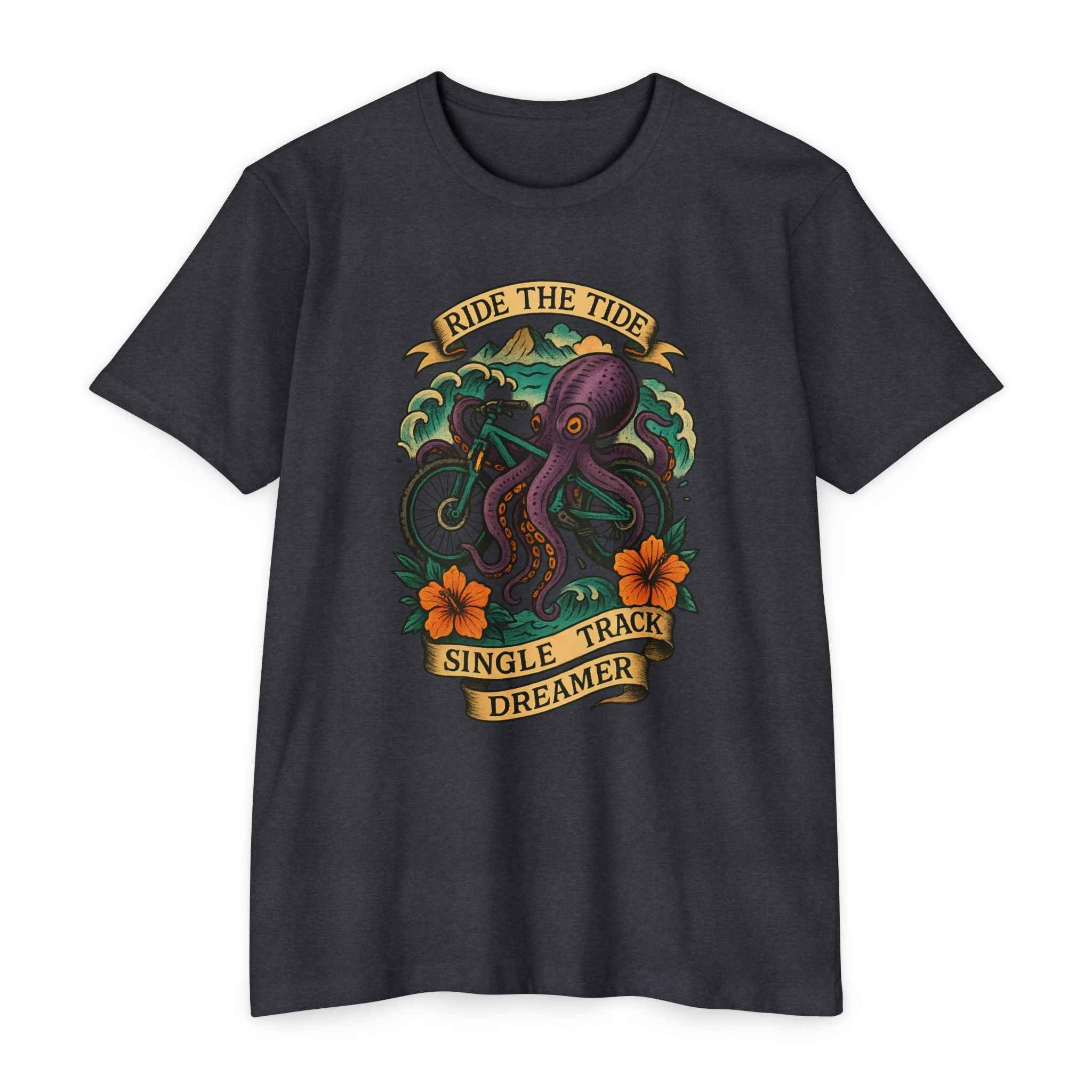 Black t-shirt with an octopus design and text on a white background