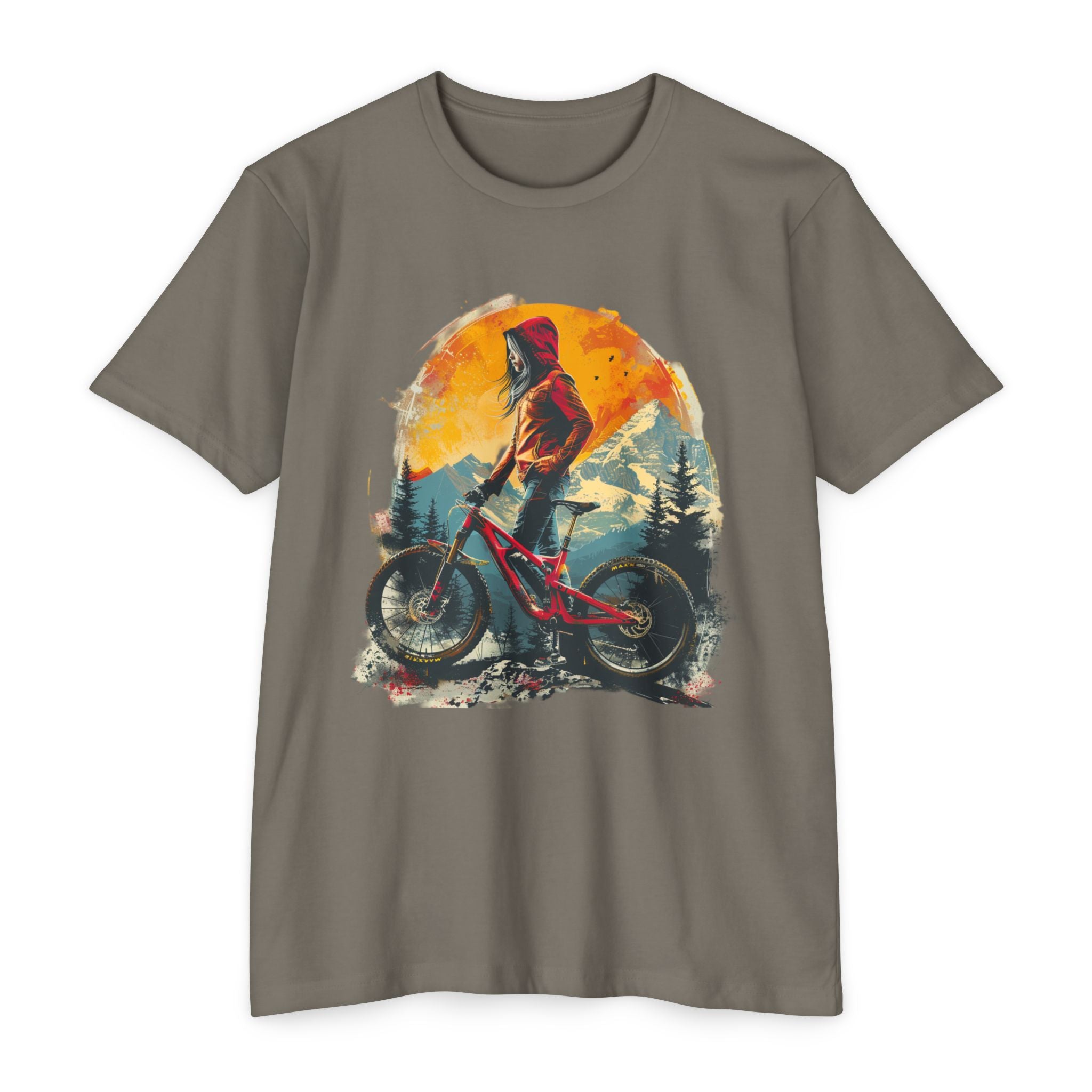 Women’s Mountain Bike Rider T-Shirt – Trail Sunset Art