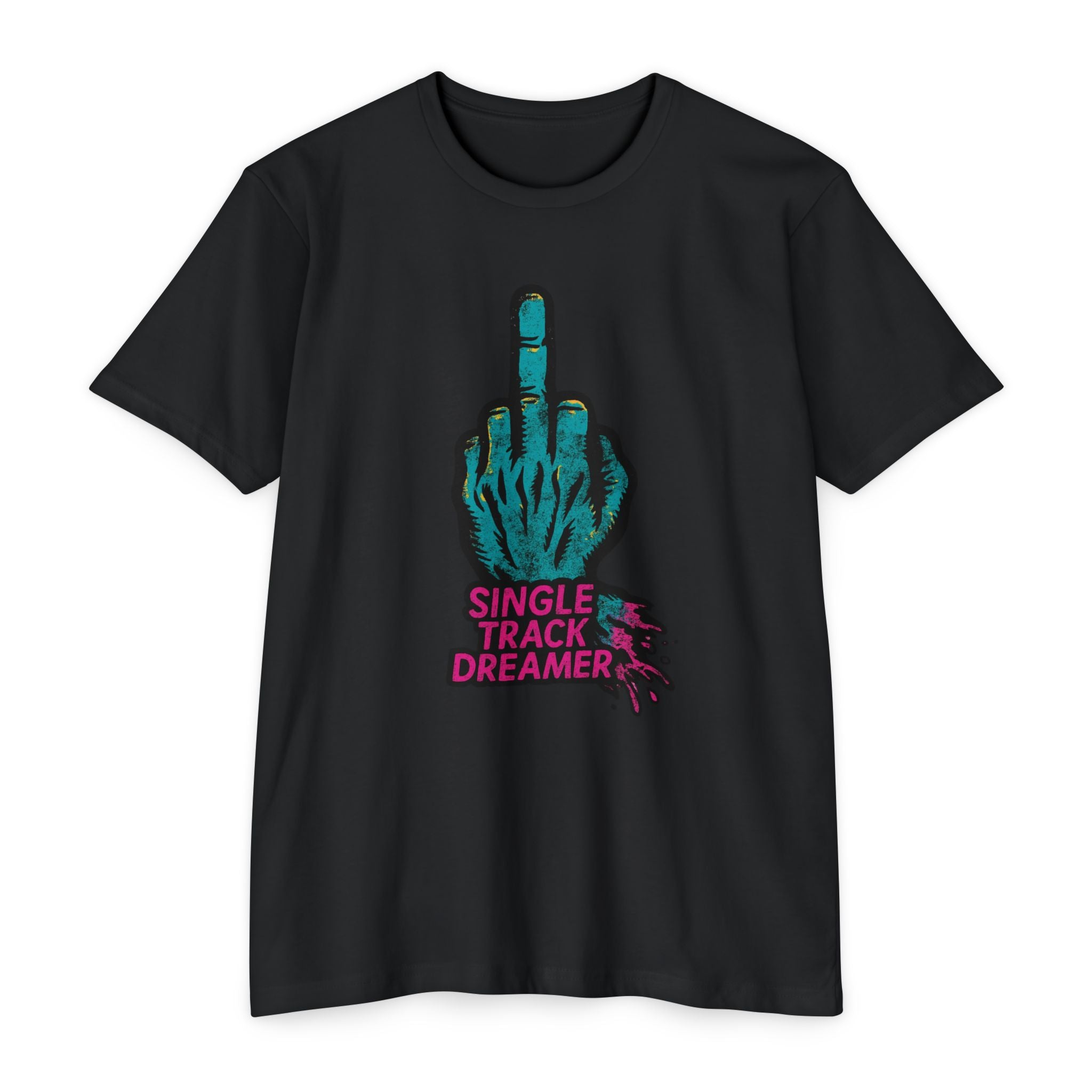 Black t-shirt with teal hand graphic and 'Single Track Dreamer' text on a white background