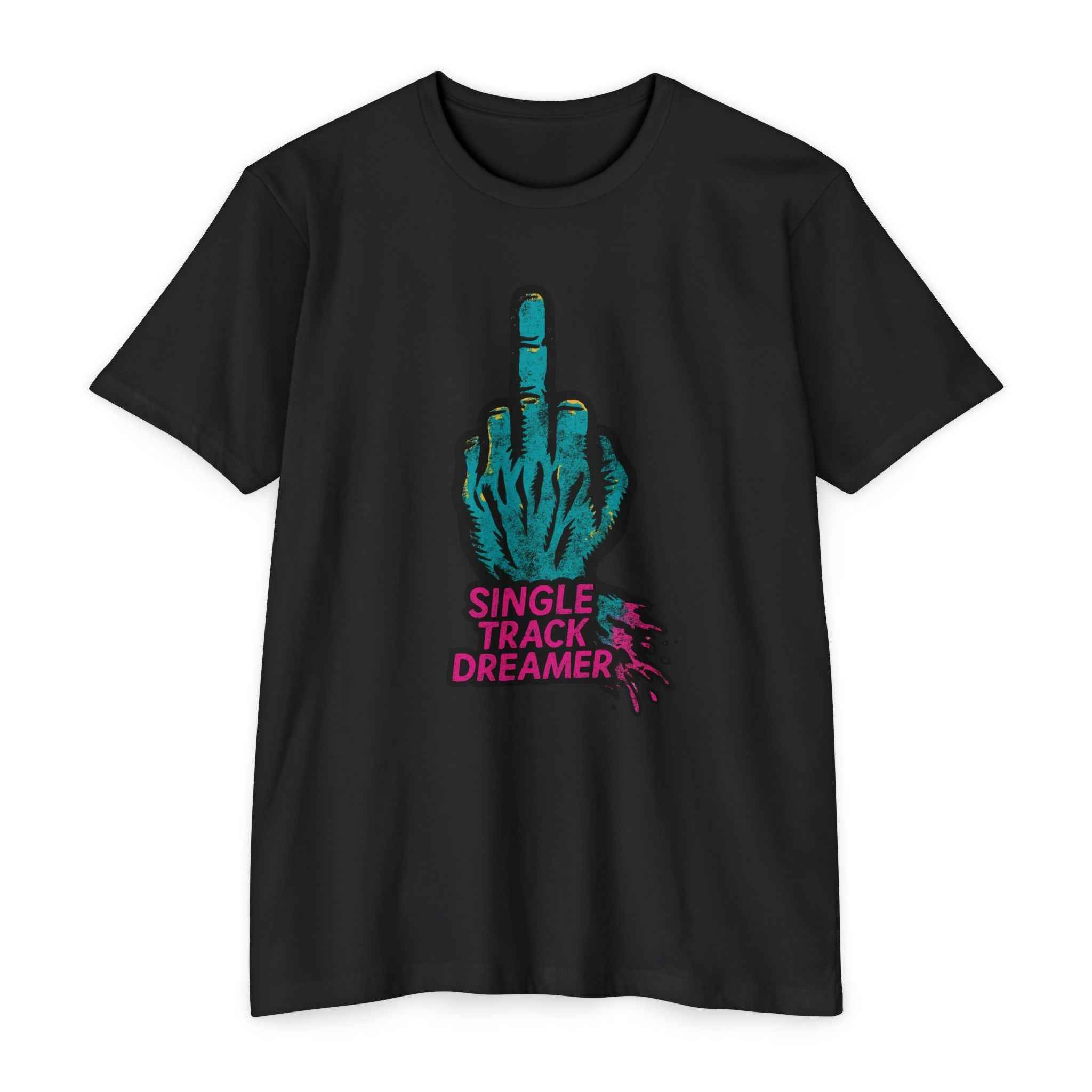 Black t-shirt with teal hand graphic and 'Single Track Dreamer' text on a white background