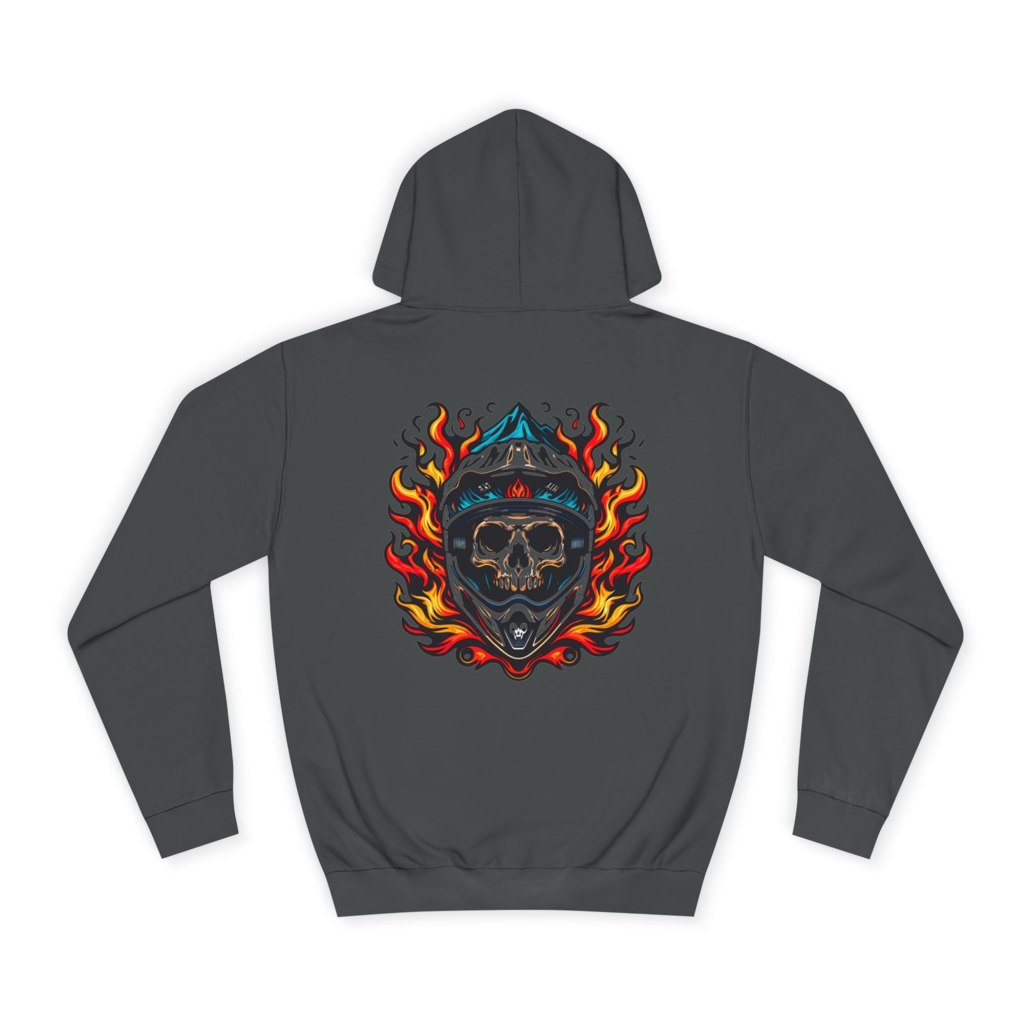 Back view of charcoal Flaming Skull MTB Hoodie with vivid fire skull helmet design, ideal for enduro and single track biking apparel.