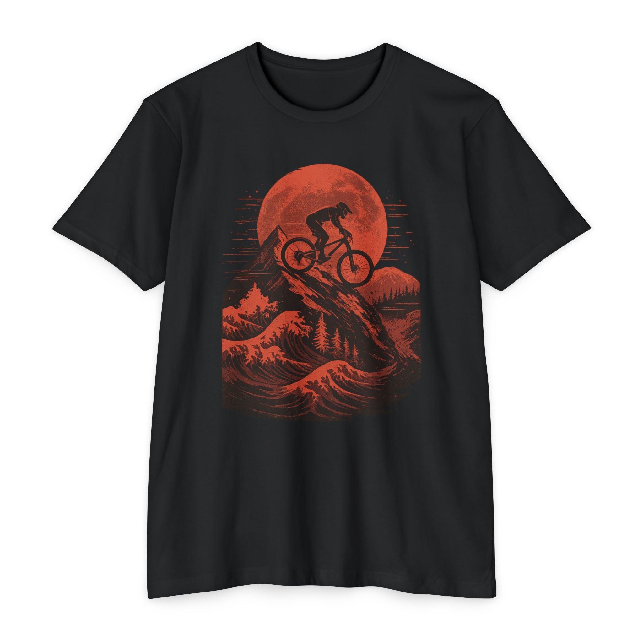 Adventure Tee - Blood Moon features a bold red moon and mountain biker graphic on a black t-shirt, ideal for trail and MTB enthusiasts.