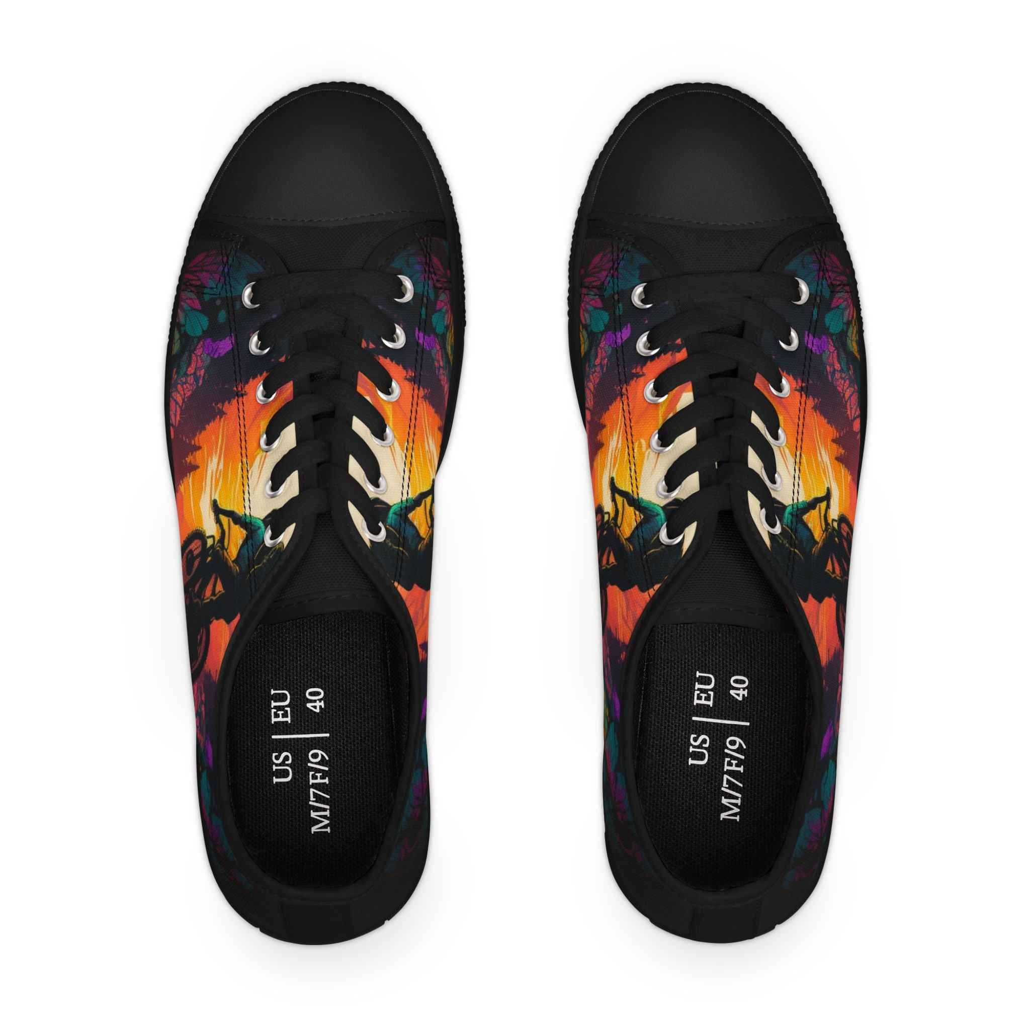 Top view of black-soled Women’s MTB Sunset Sneakers with artistic biker print, combining comfort and style for outdoor enthusiasts.