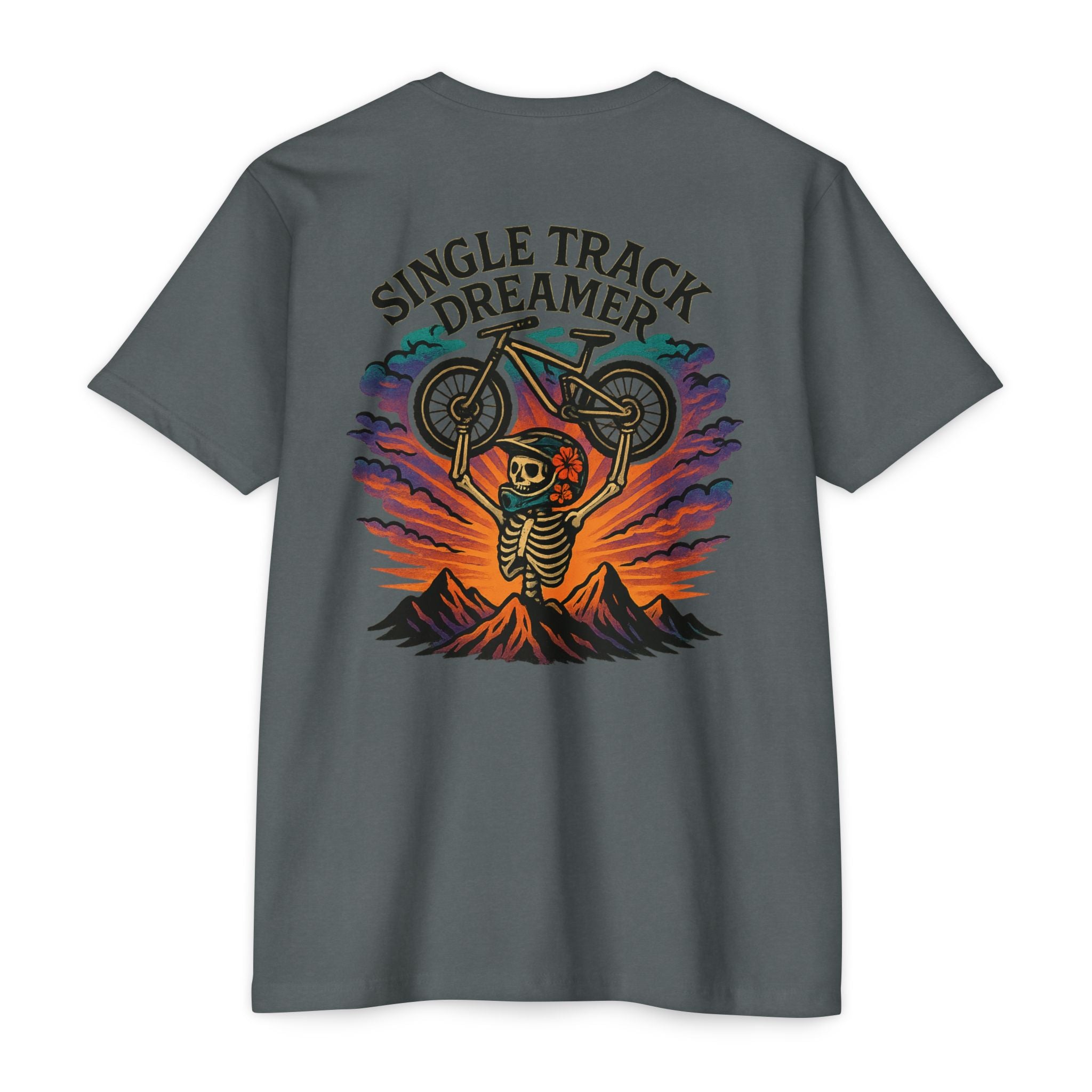 Gray t-shirt with 'Single Track Dreamer' graphic on the back