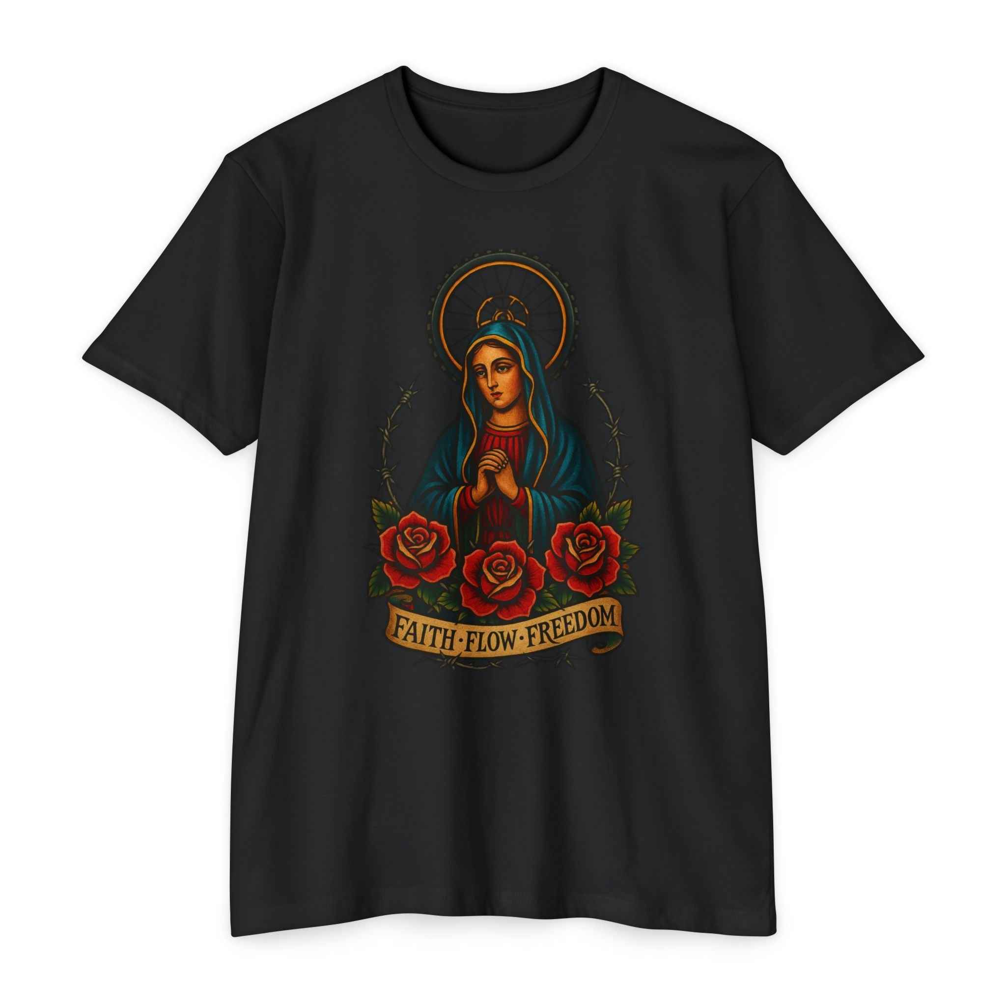 Black Faith Flow Freedom Men's Inspirational Tee showcasing a vivid Virgin Mary and roses design, ideal for spiritual and artistic expression.