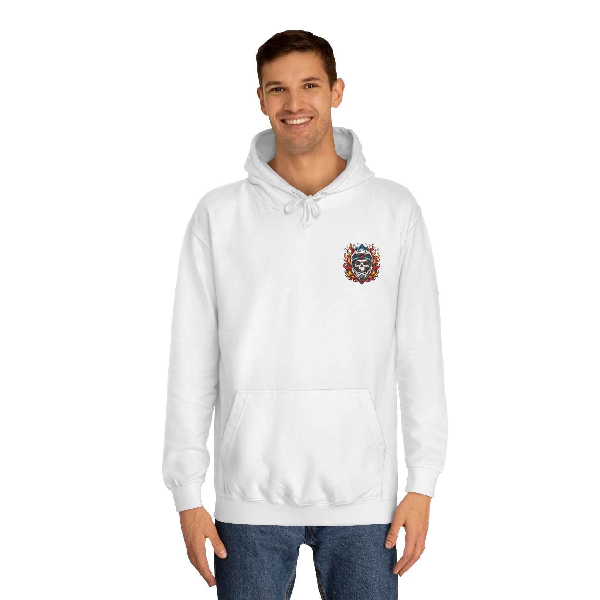 Model wearing white Flaming Skull MTB Hoodie with front flame skull logo, a heavyweight unisex hoodie for MTB and casual wear.